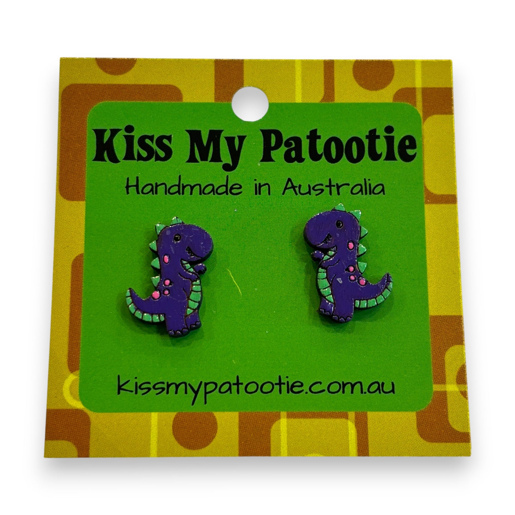 Purple dinosaur studs - wooden, hand painted earrings