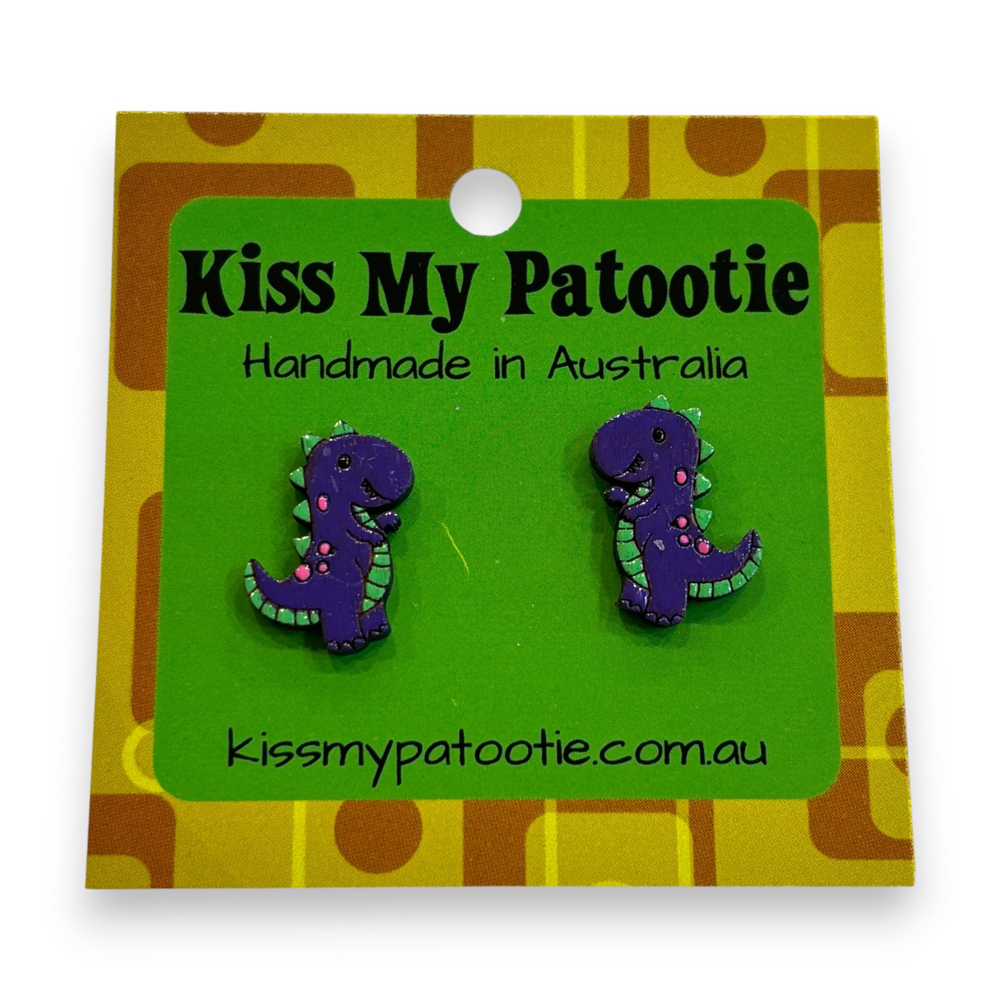 Purple dinosaur studs - wooden, hand painted earrings