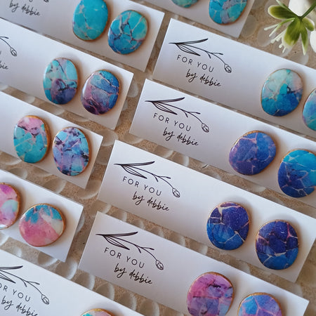 Organic oval polymer clay stud earrings- watercolour marble and gold