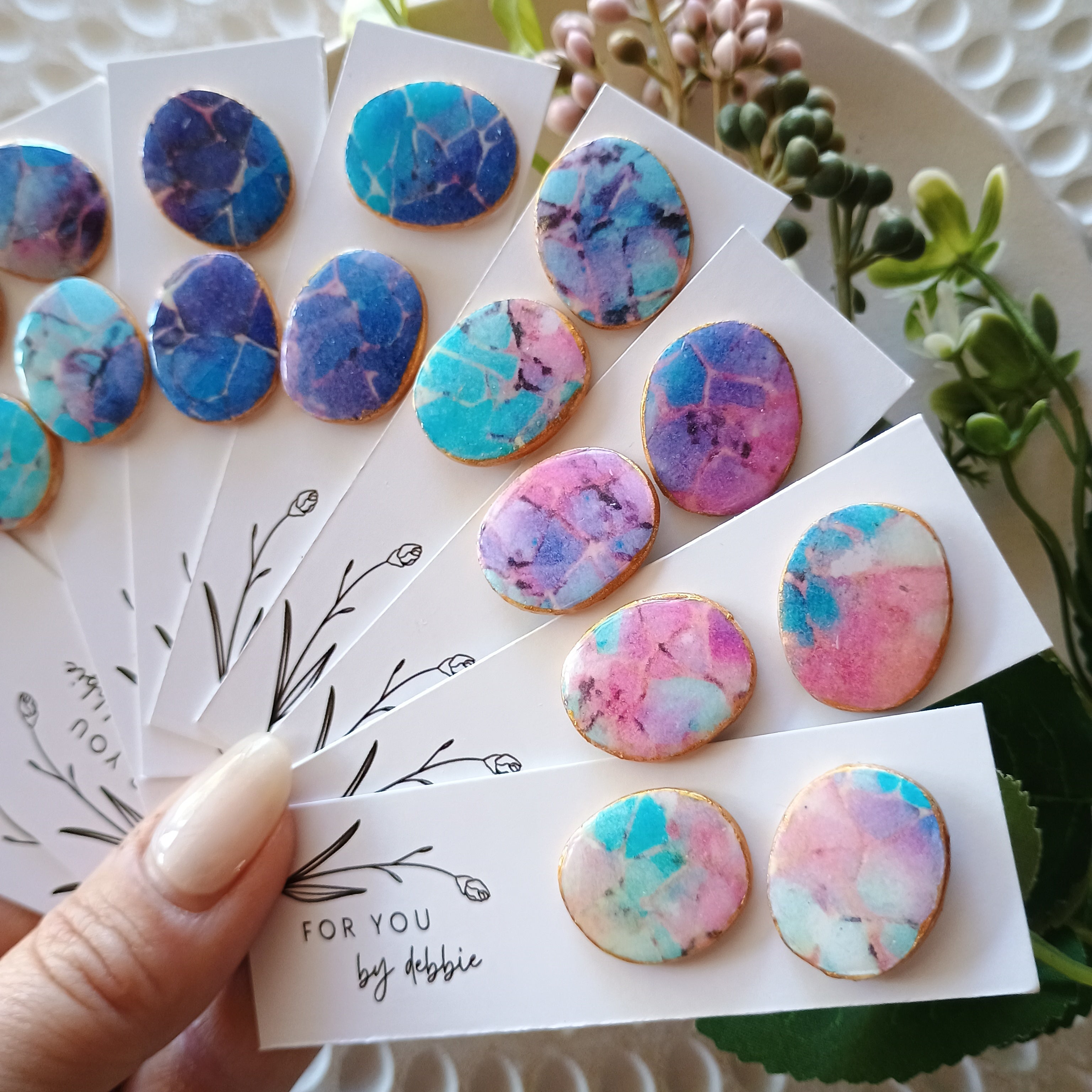 Organic stud earrings- watercolour marble