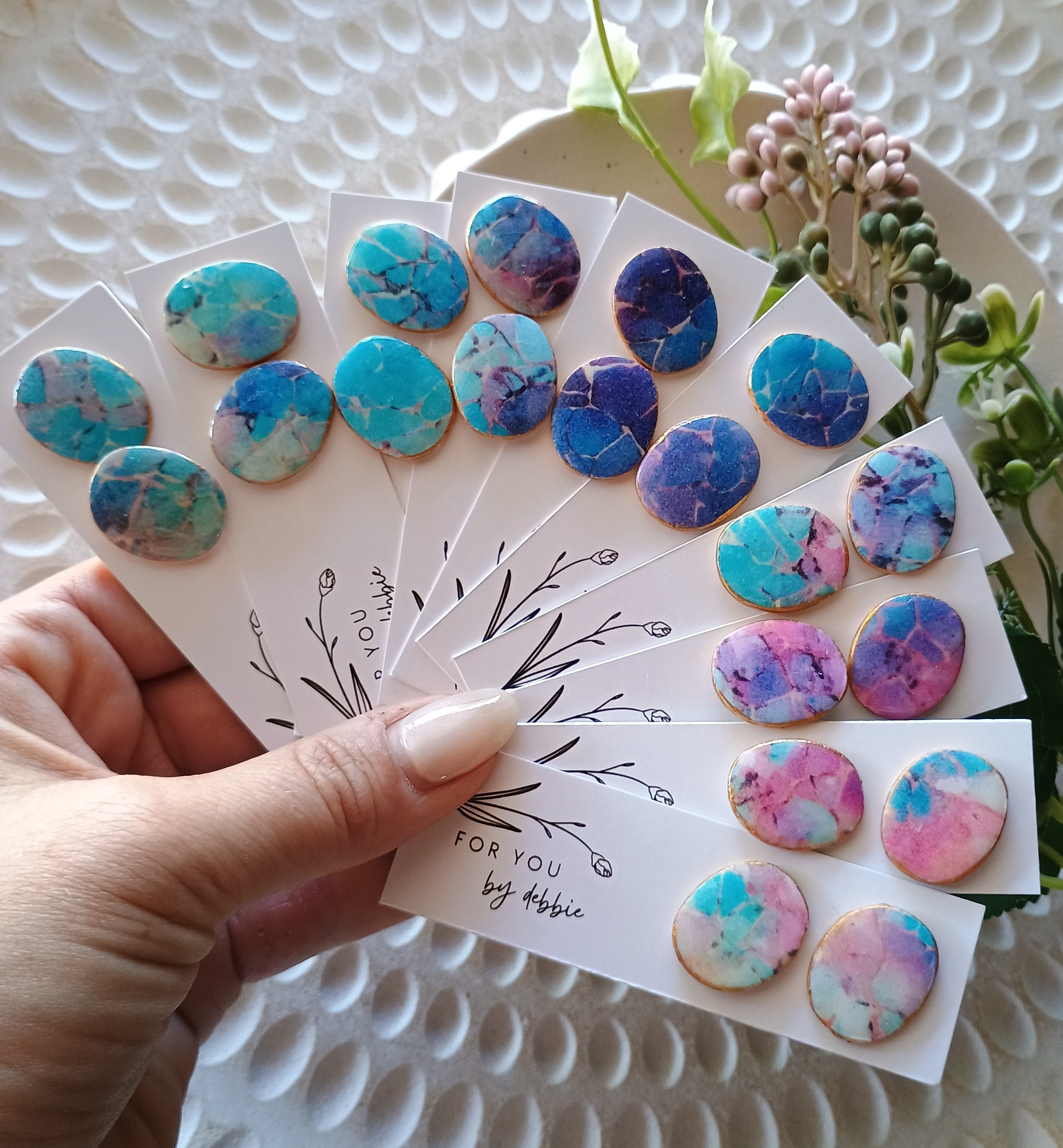 Organic stud earrings- watercolour marble