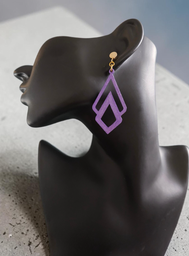Handpainted Wooden Geometric earrings - Purple Amethyst