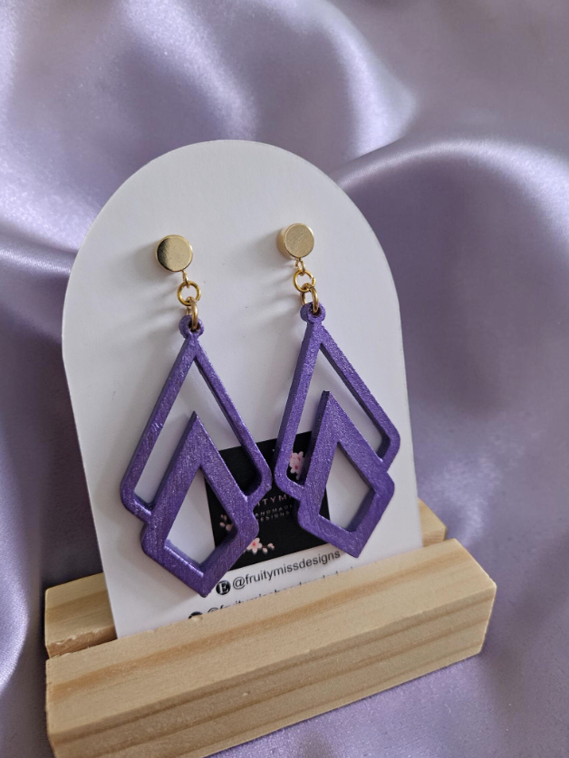 Handpainted Wooden Geometric earrings - Purple Amethyst