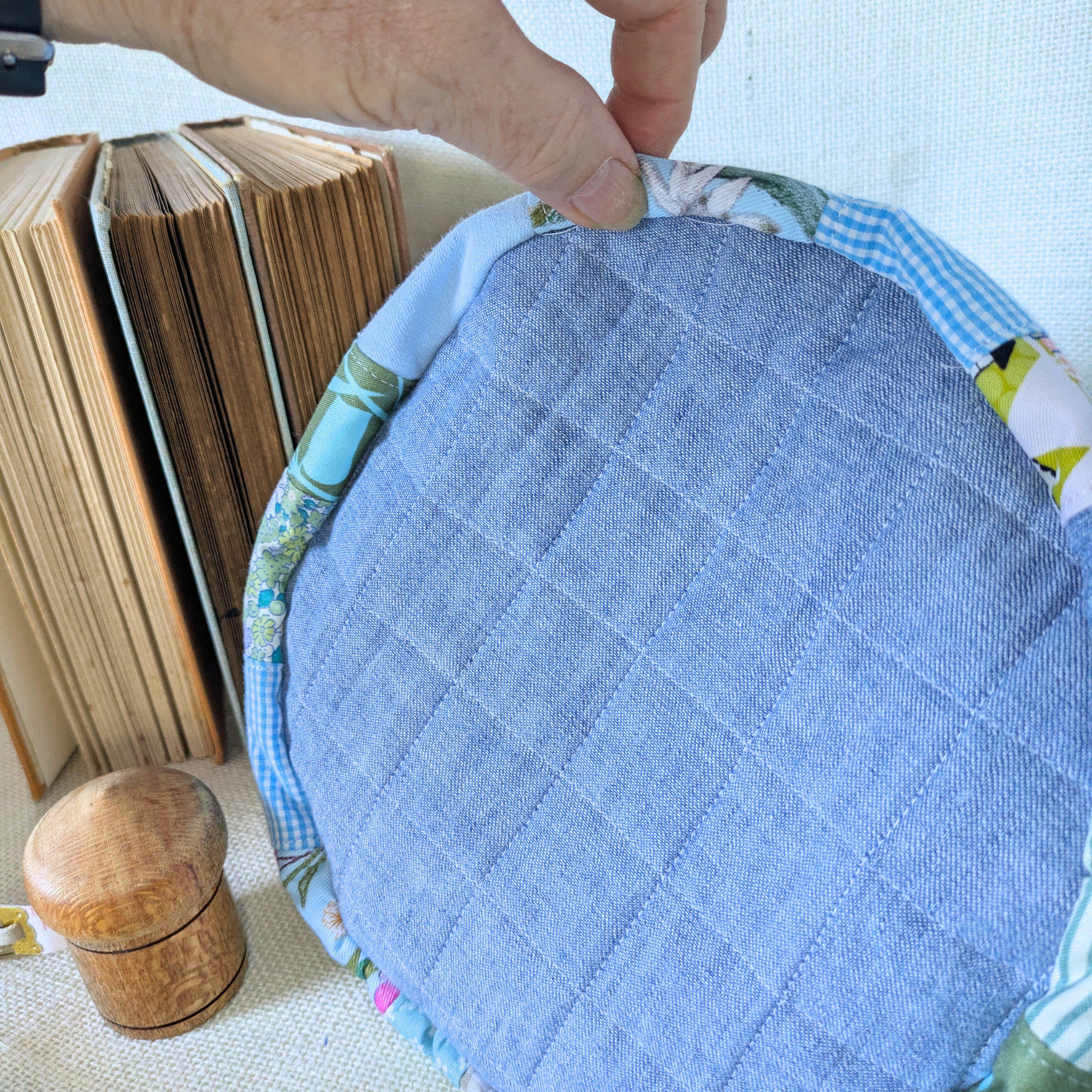 Project Bag Upcycled Denim, Craft Storage, Pastel Blue Green, Large