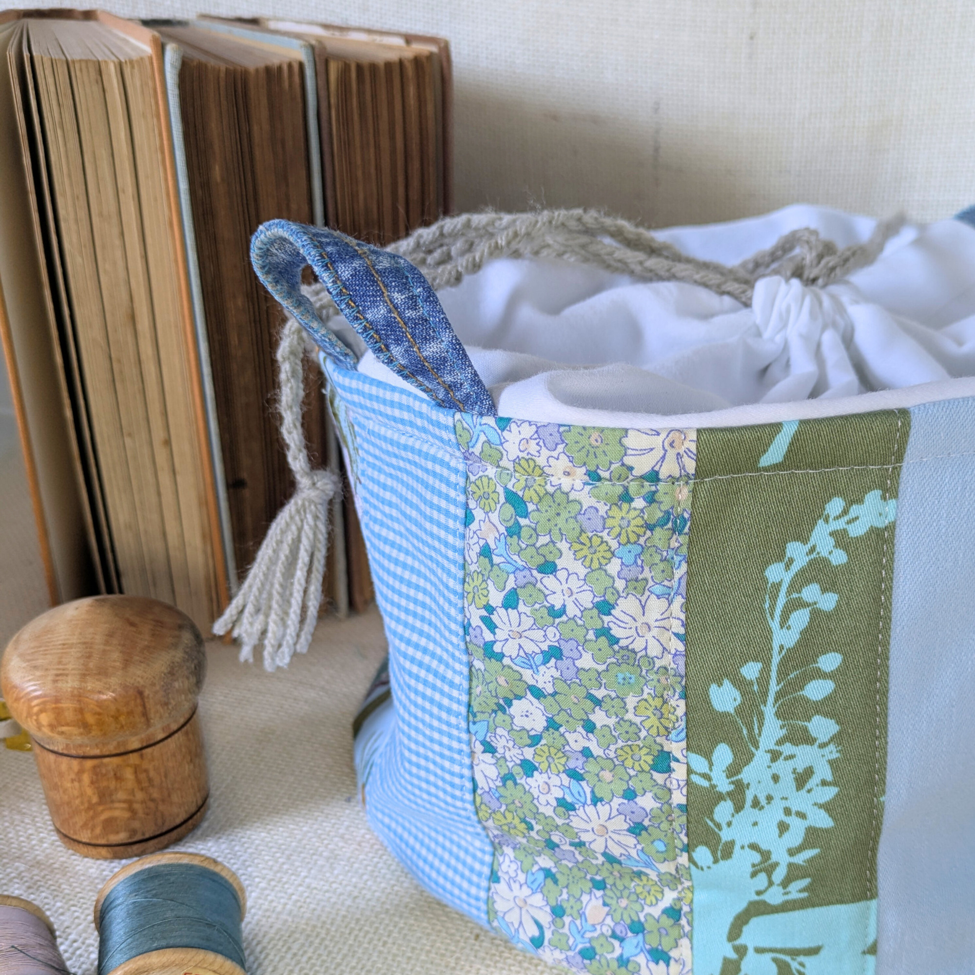 Project Bag Upcycled Denim, Craft Storage, Pastel Blue Green, Large