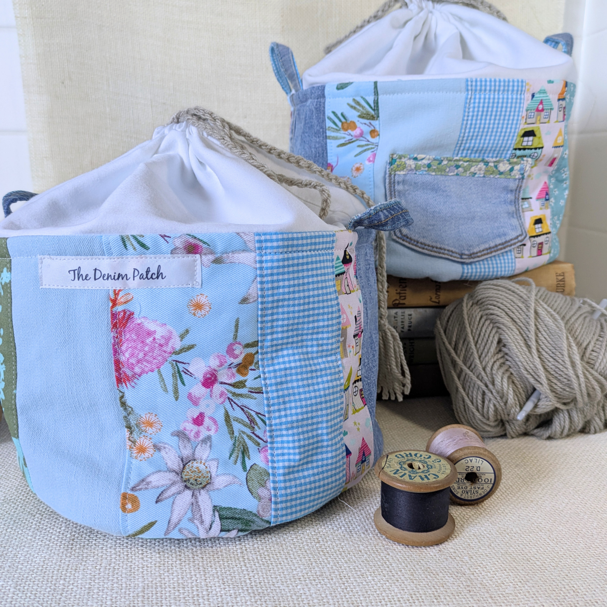 Project Bag Upcycled Denim, Craft Storage, Pastel Blue Green, Large