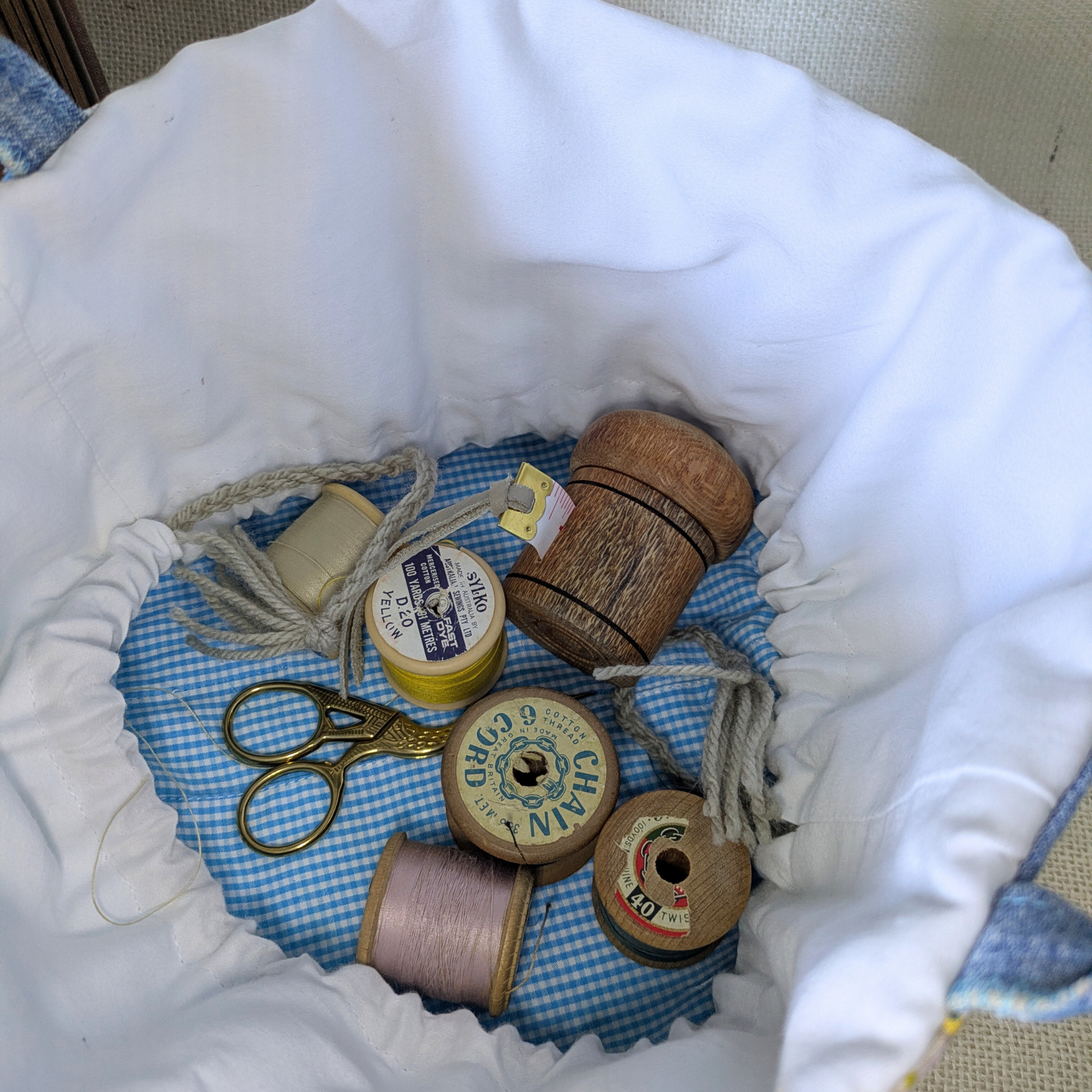 Project Bag Upcycled Denim, Craft Storage, Pastel Blue Green, Large