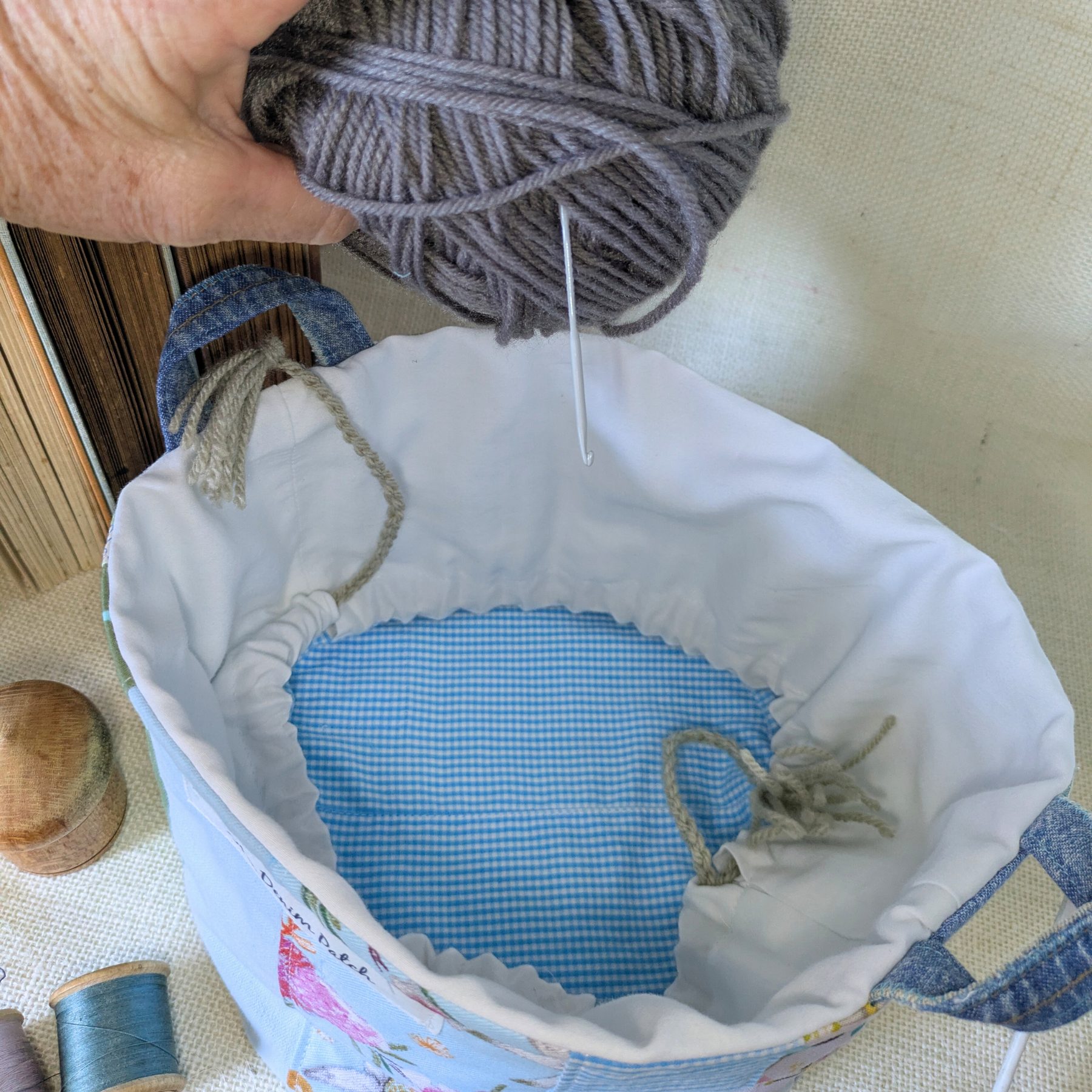Project Bag Upcycled Denim, Craft Storage, Pastel Blue Green, Large