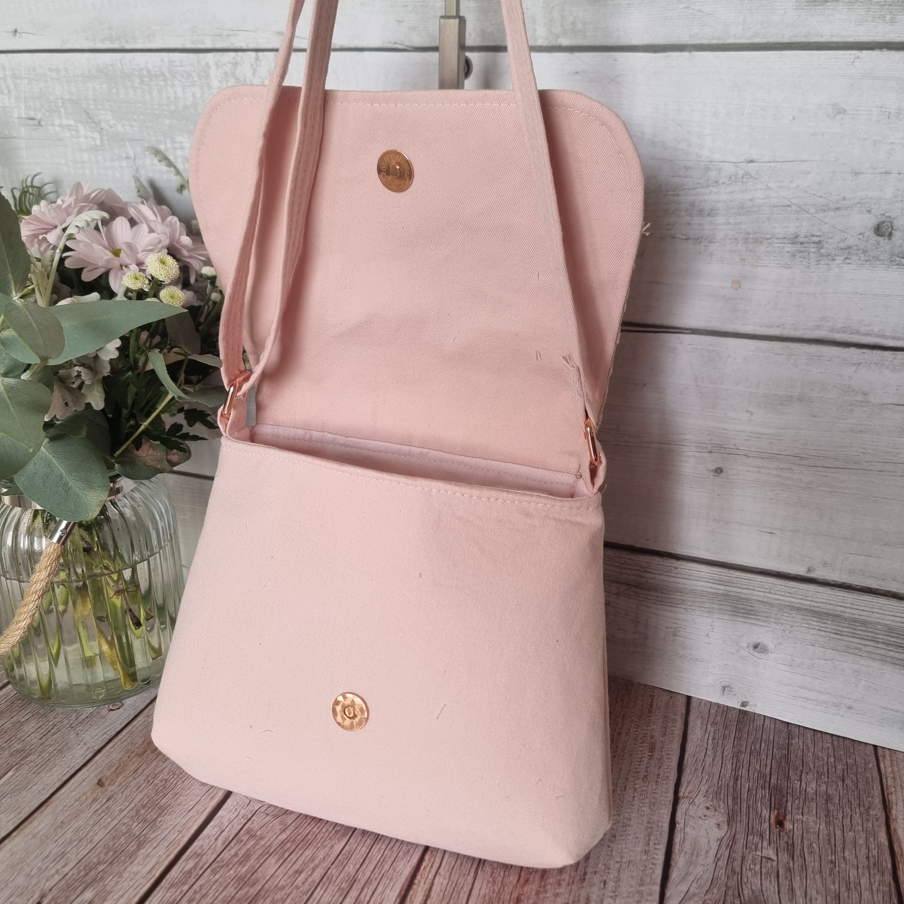 Upcycled small messenger bag - pale blush pink & lace