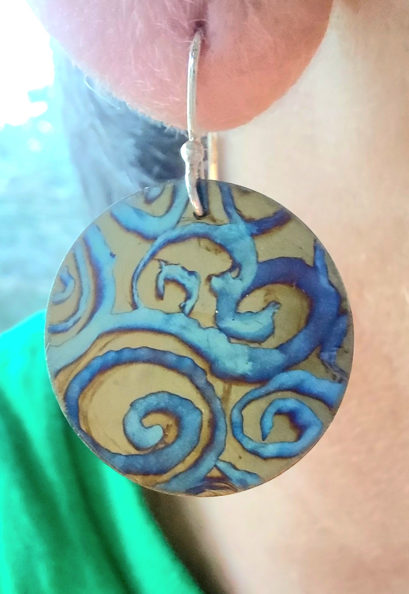 Titanium Disc Earrings- Watercolour Swirls Design Sterling Silver Hooks