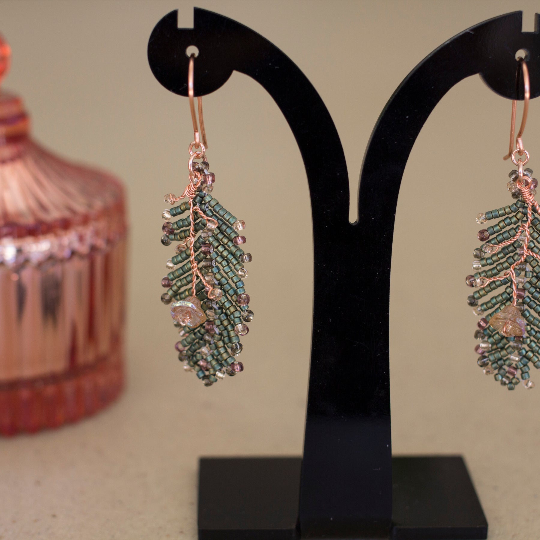 Beaded Leaf and Flower Earrings | Copper Jewellery