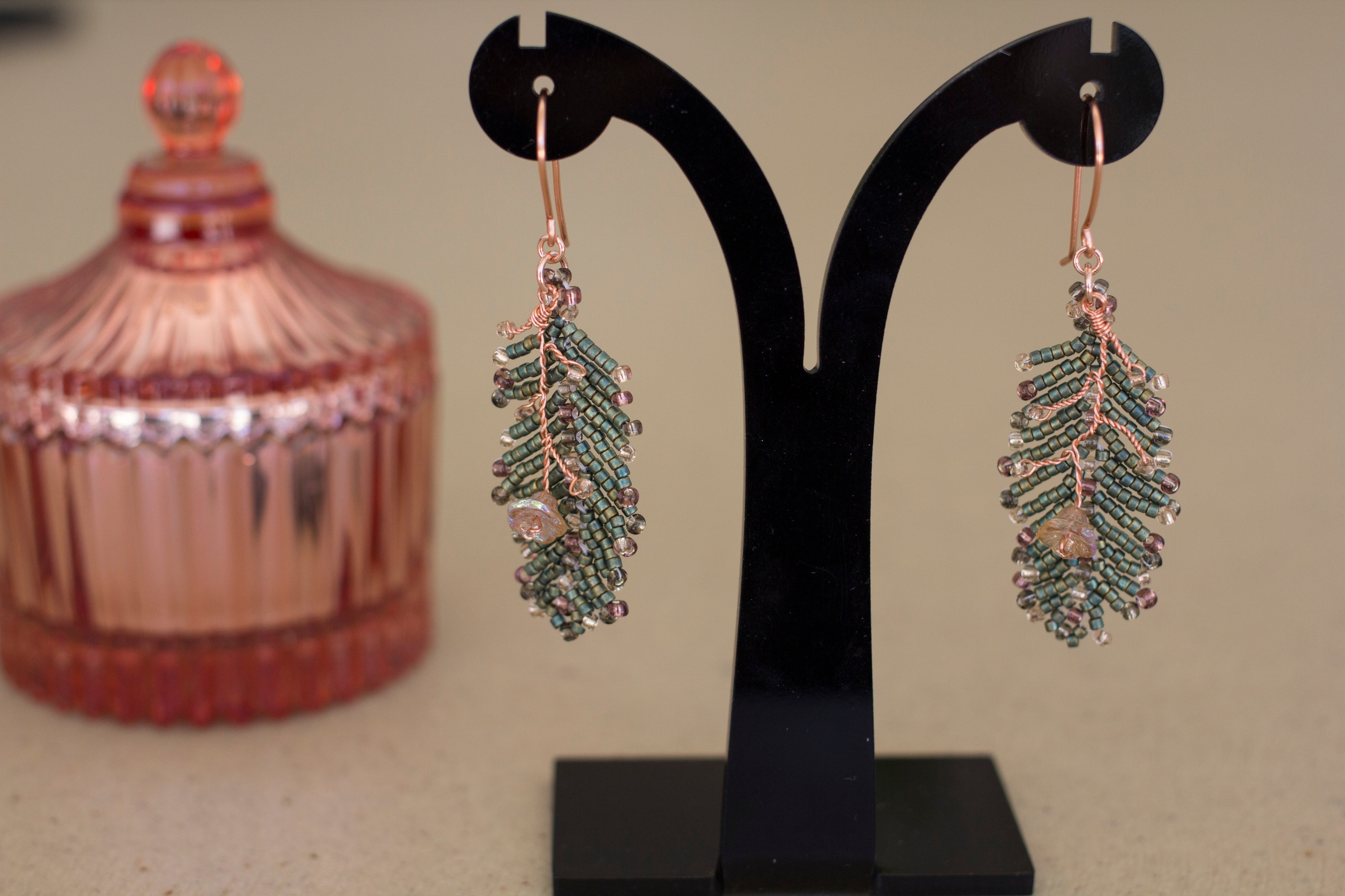 Beaded Leaf and Flower Earrings | Copper Jewellery