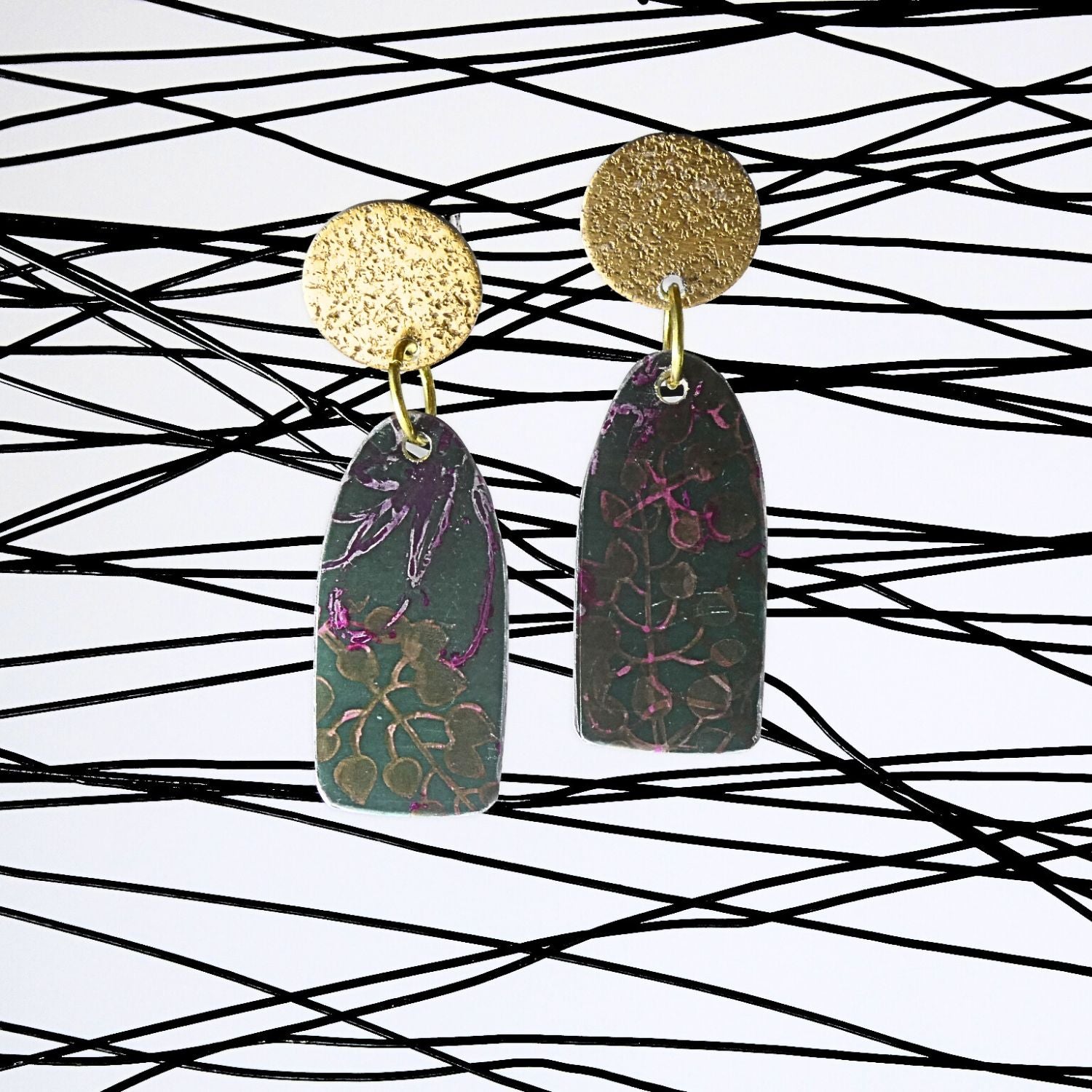Anodised aluminium earrings hand printed - Midnight Velvet Collection