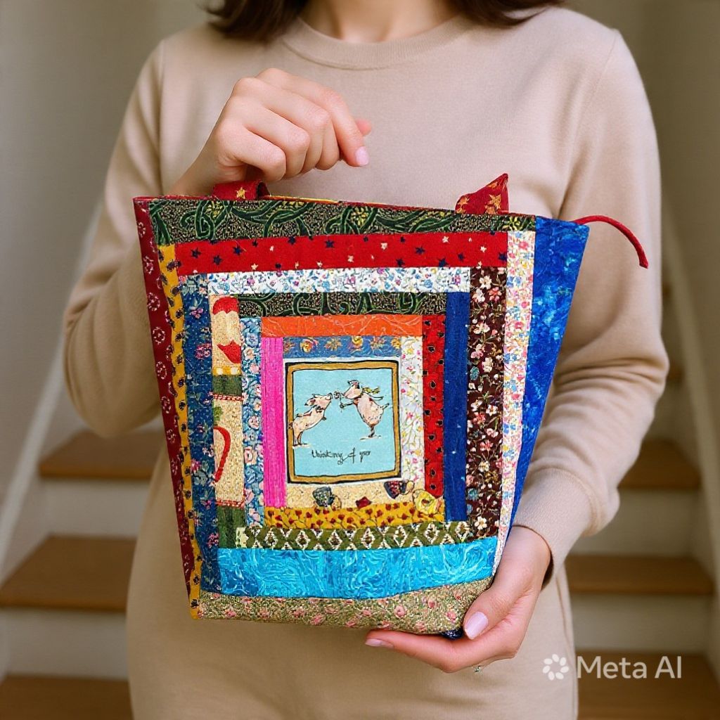 Thinking of You log cabin patchwork tote