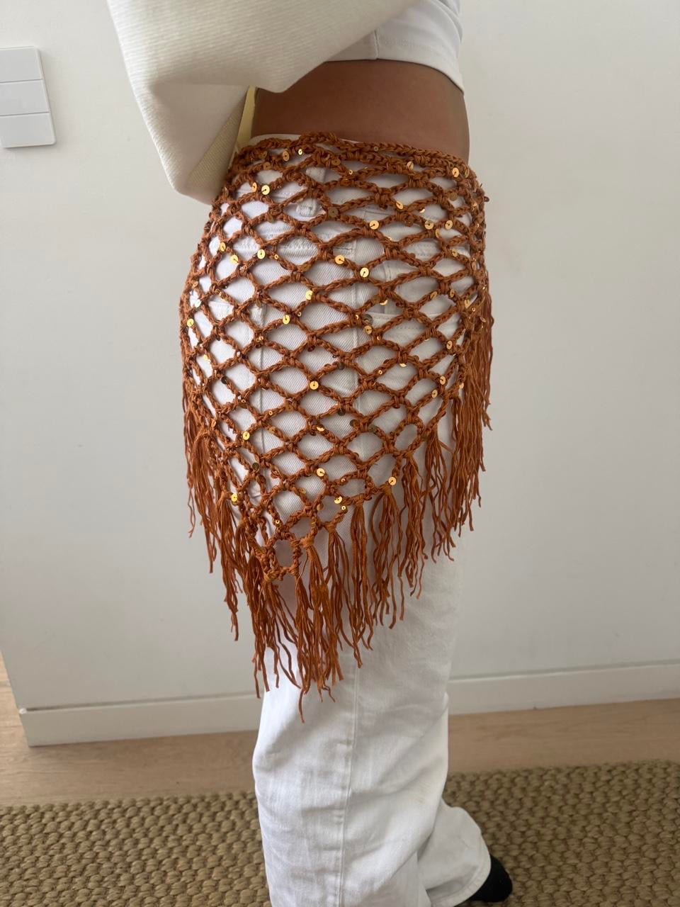 Rust Sequin Crochet Waist Scarf with Fringe