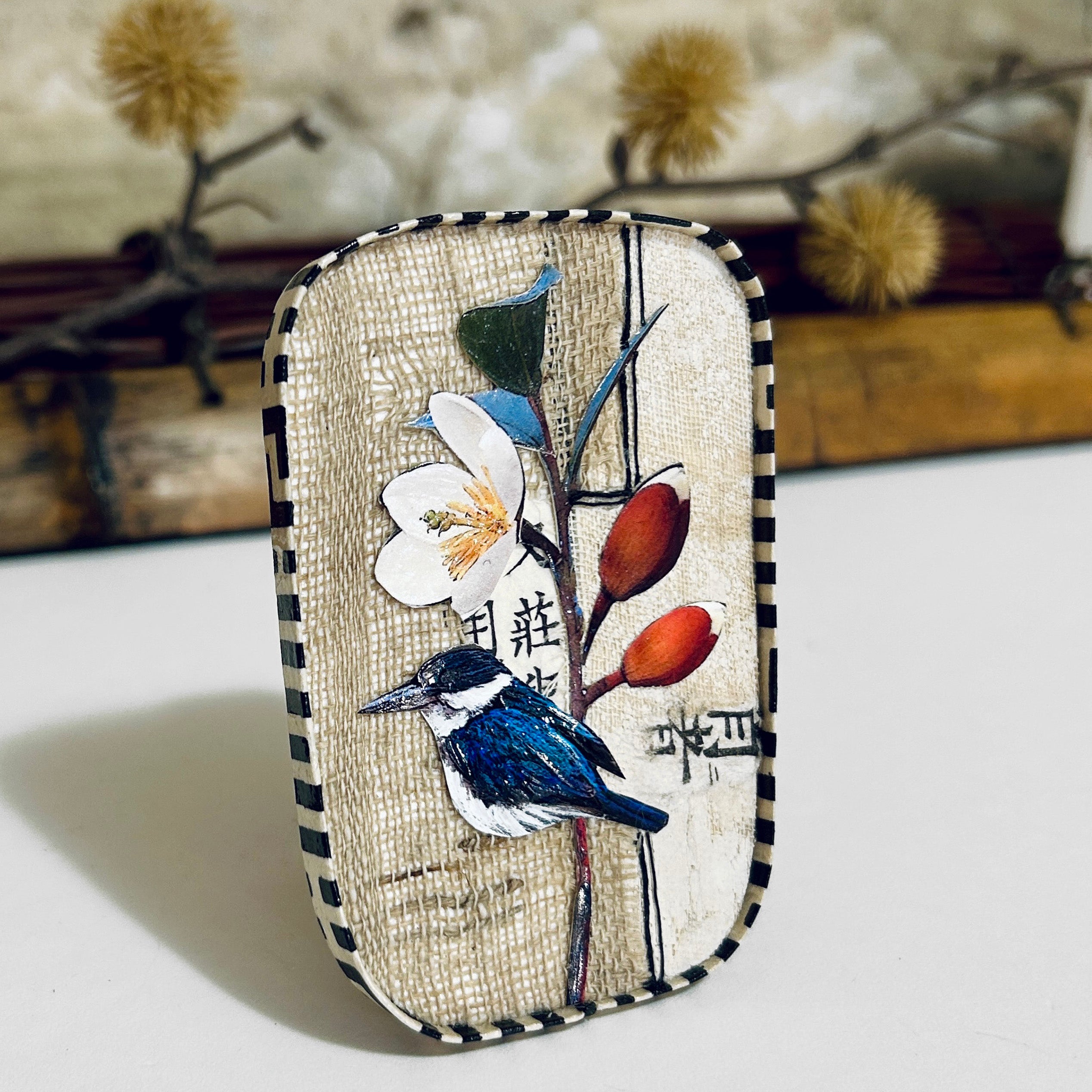Pendant Necklace Brooch Miniature Kingfisher Collage Art - APE-35