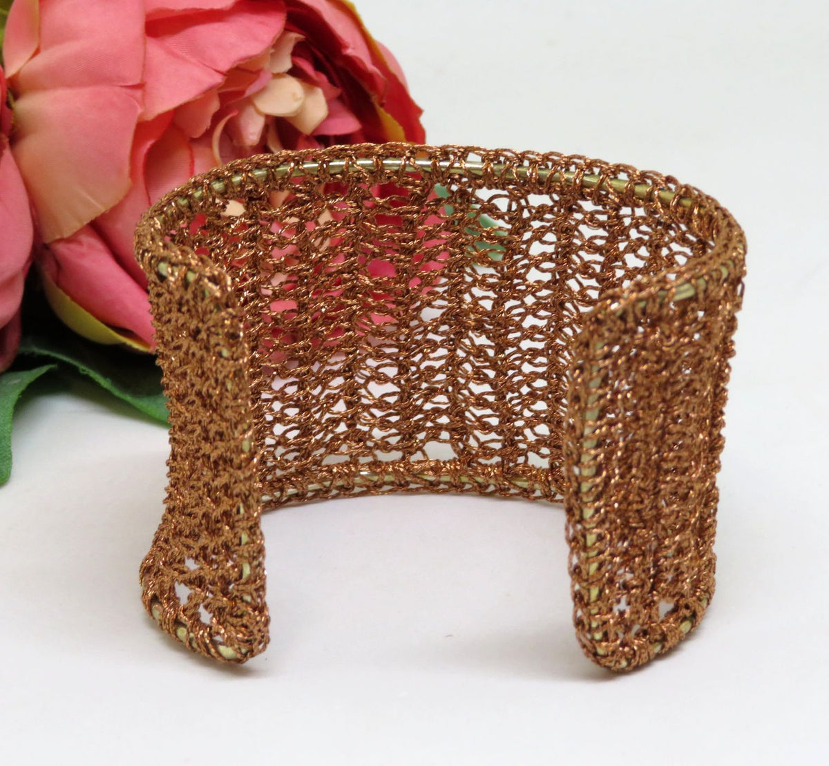 Bespoke Handmade Copper Crochet Shimmer Thread Cuff Bracelet