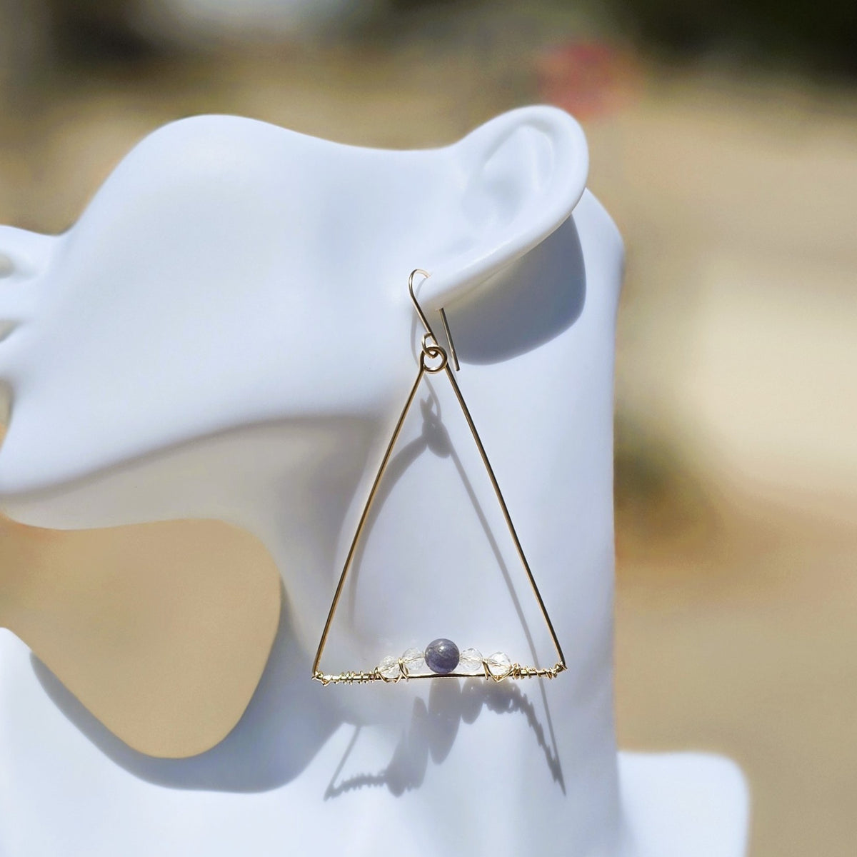 Large Triangle 14kt GF Earrings with Tanzanite & Quartz