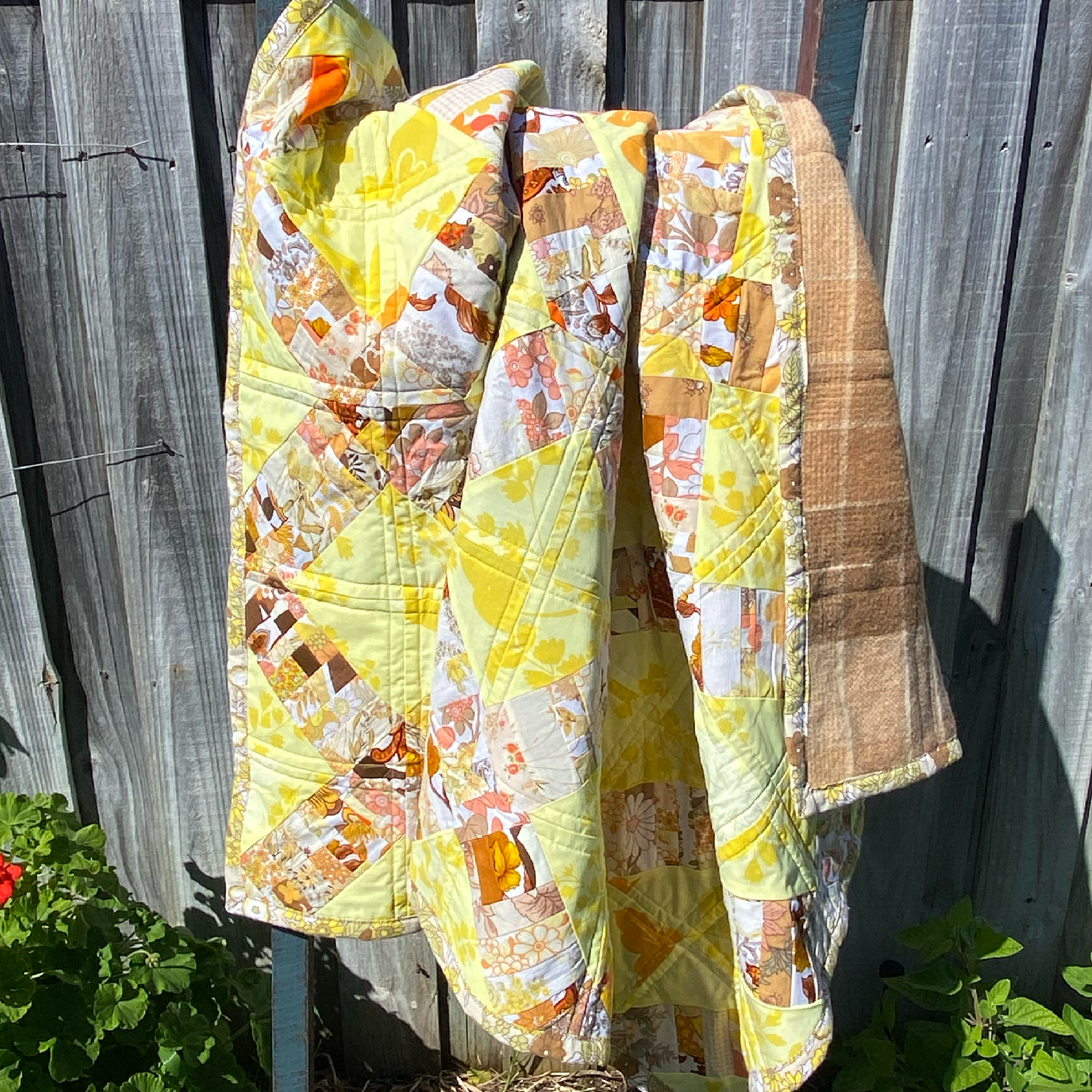 Sunlit Harvest Handmade Quilt Upcycled Vintage Fabrics & Wool Blanket