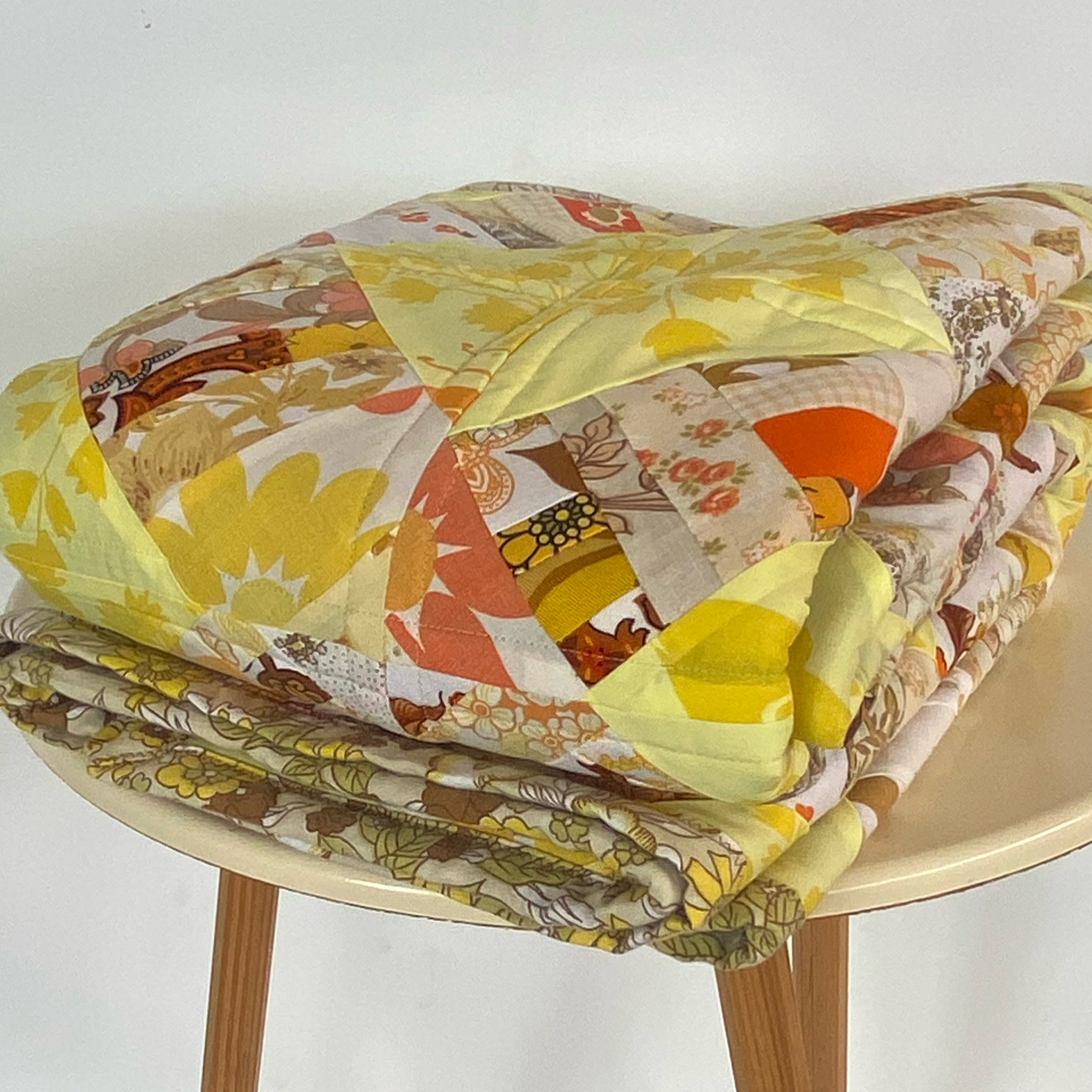 Sunlit Harvest Handmade Quilt Upcycled Vintage Fabrics & Wool Blanket