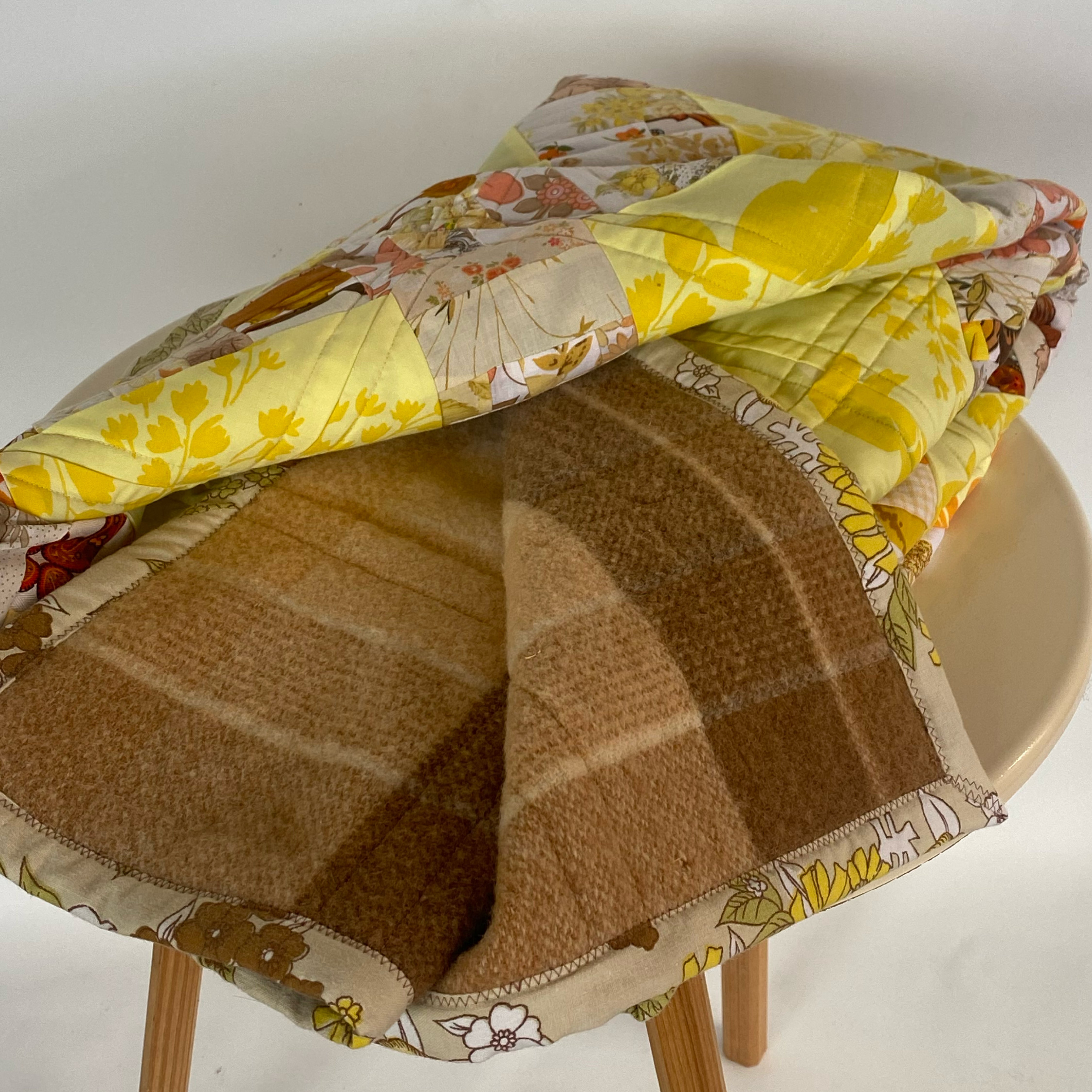 Sunlit Harvest Handmade Quilt Upcycled Vintage Fabrics & Wool Blanket