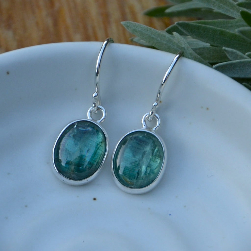 Emerald Green Kyanite Silver Dangle Earrings