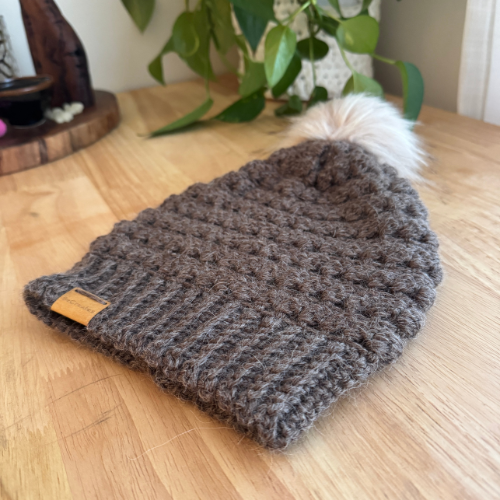 Chocolate Brown Adult Slouchy Beanie | Handmade Crochet Beanie with Faux Fur Pom Pom