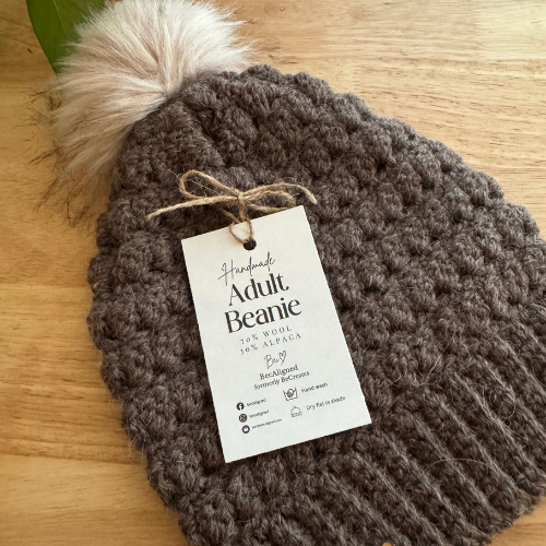 Chocolate Brown Adult Slouchy Beanie | Handmade Crochet Beanie with Faux Fur Pom Pom