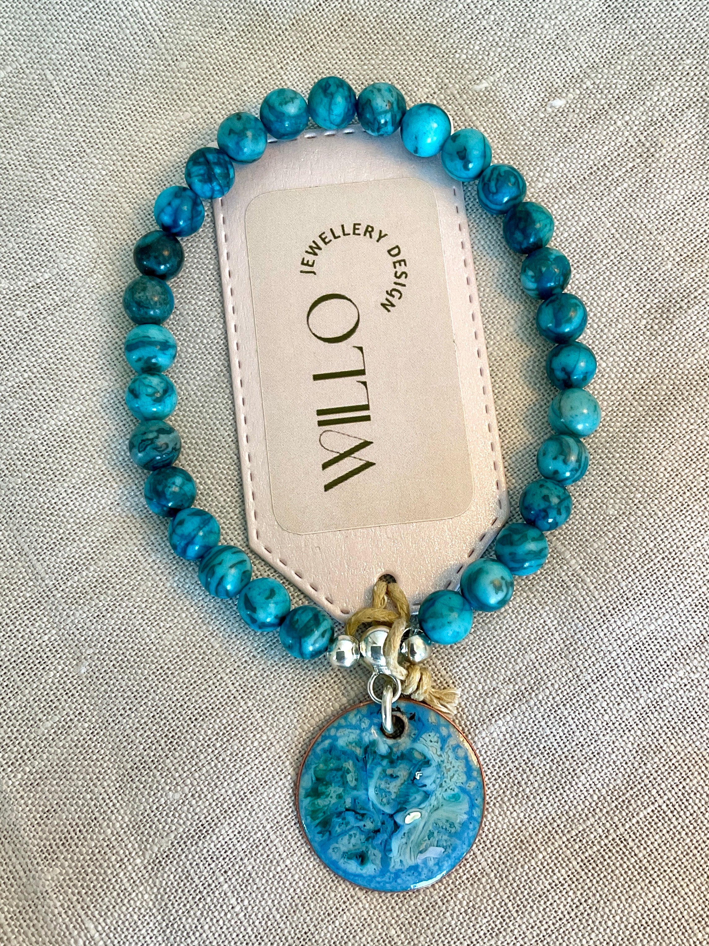 Blue web Jasper bracelet with enamel charm