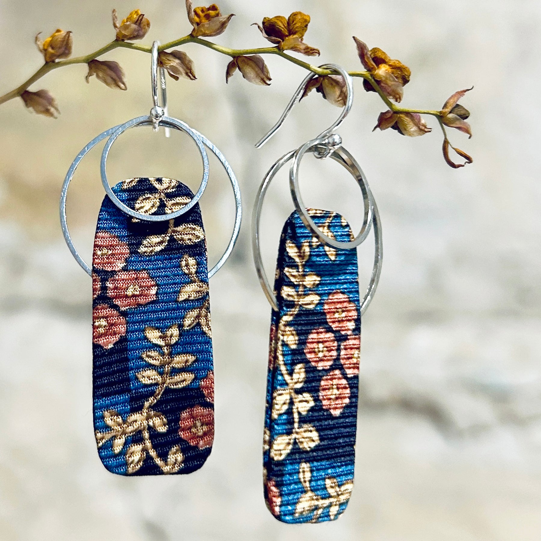 Earrings Long Floral Silk Blue Yellow - EC-594