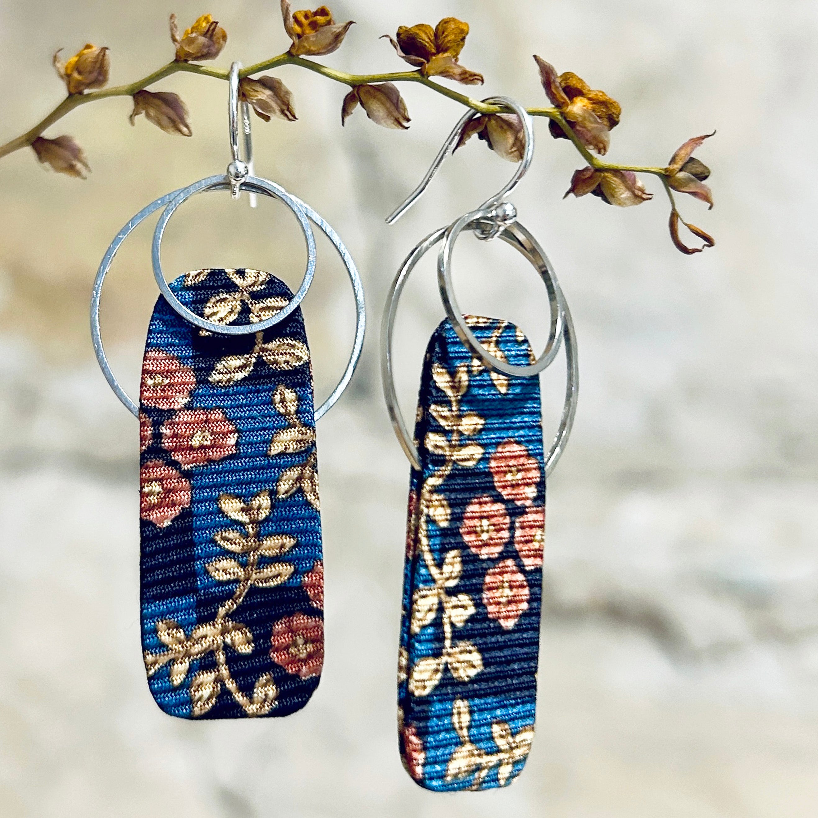 Earrings Long Floral Silk Blue Yellow - EC-594