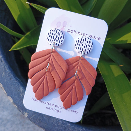 Coral Leaf dangle earrings with painted stud top