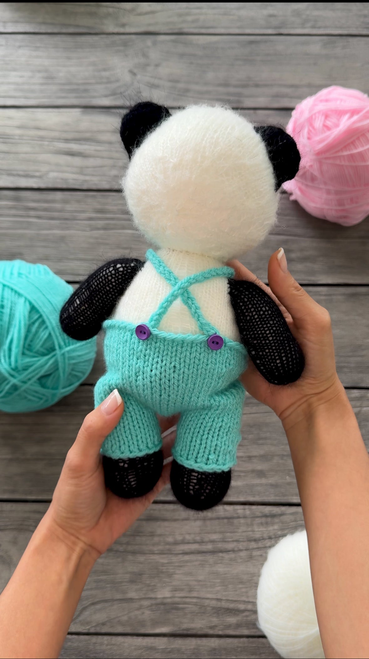 Handmade Knitted Panda in Mint Overalls Toy