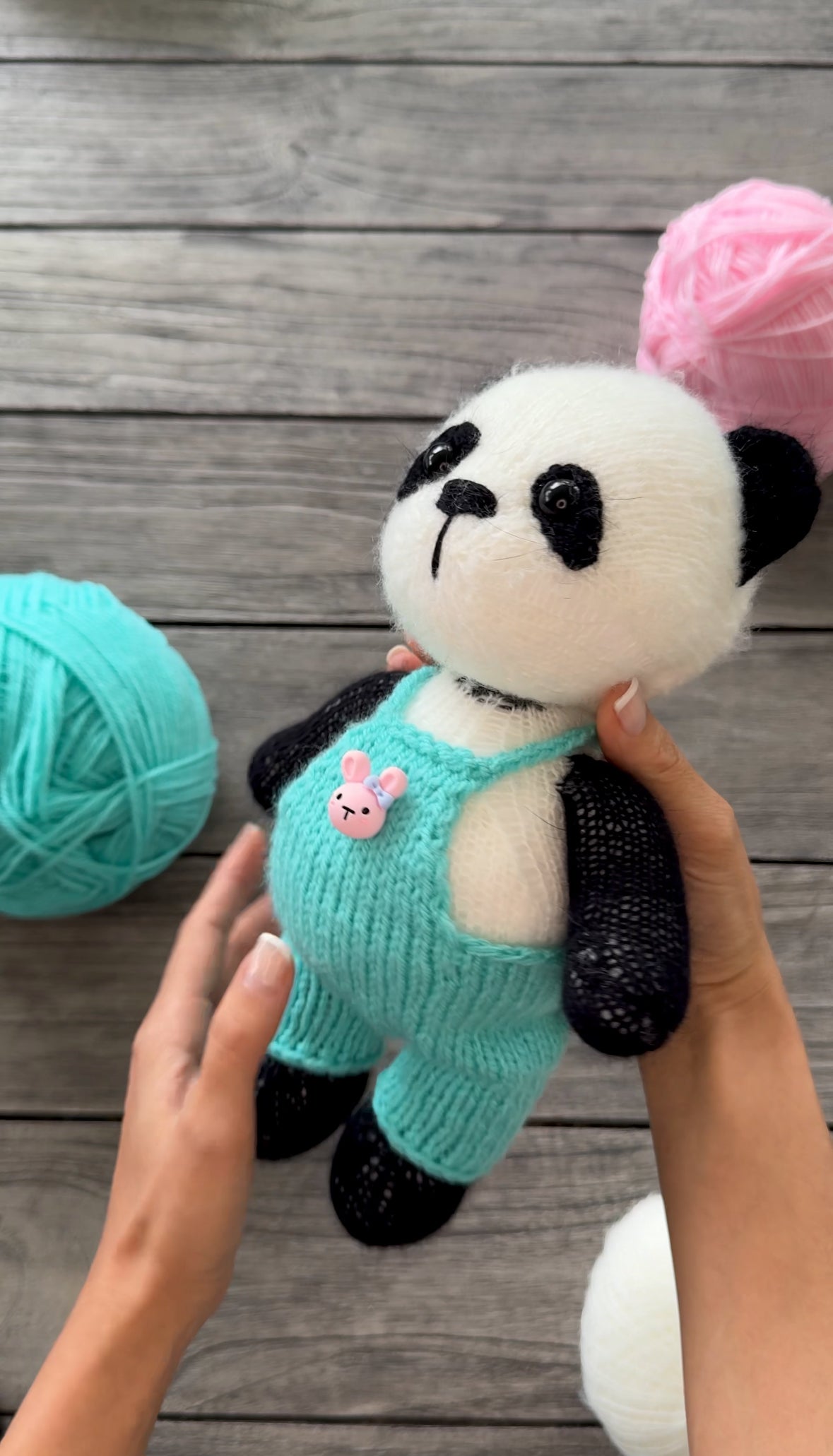 Handmade Knitted Panda in Mint Overalls Toy