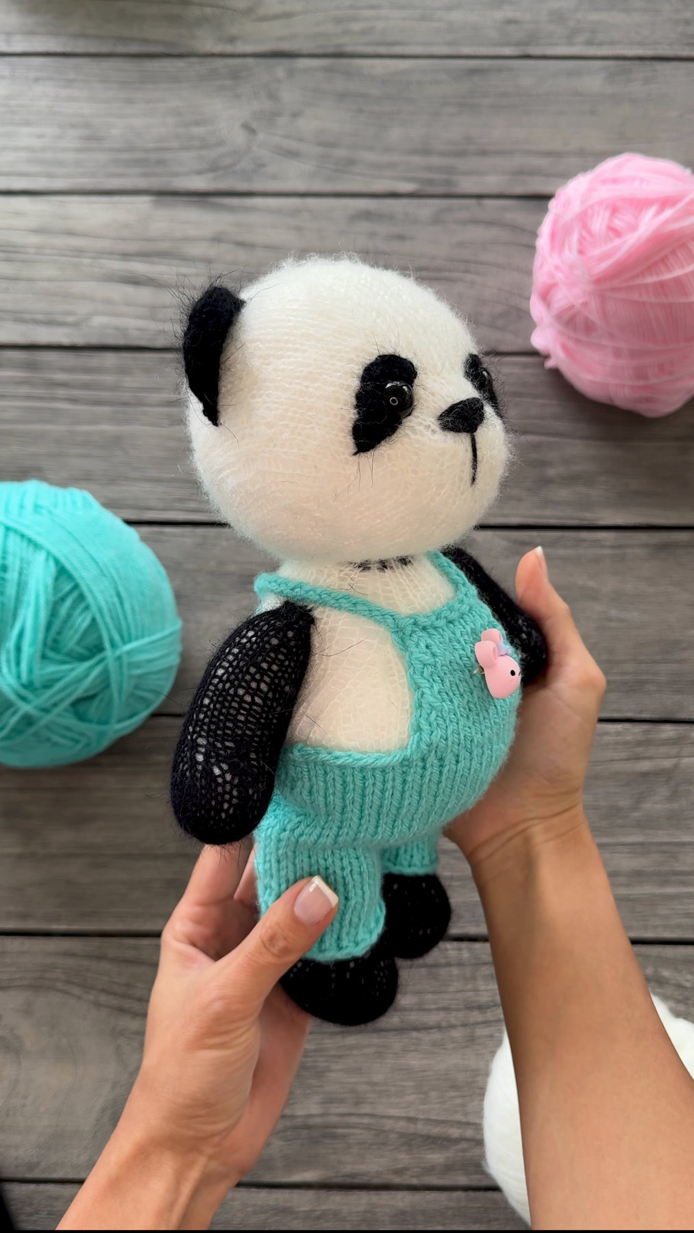 Handmade Knitted Panda in Mint Overalls Toy