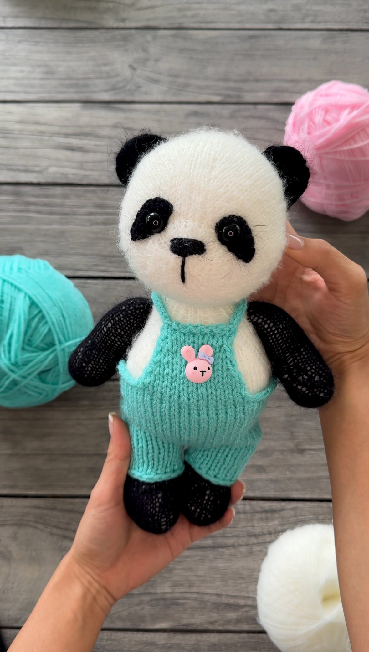 Handmade Knitted Panda in Mint Overalls Toy