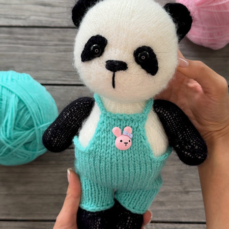 Handmade Knitted Panda in Mint Overalls Toy