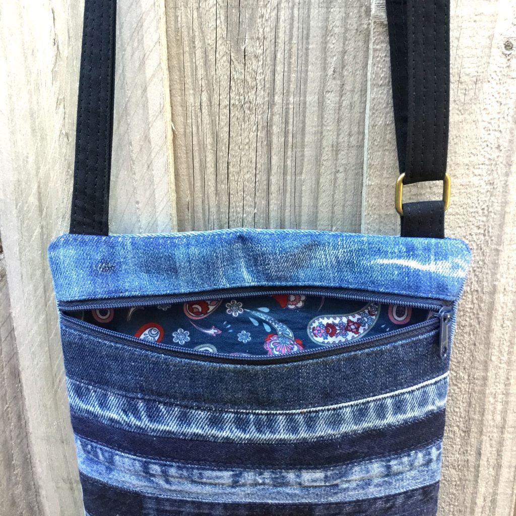 Upcycled Denim Cross Body Bag - Blue Stripes
