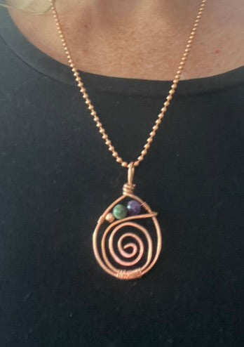 Spiral Copper Gemstone Pendant with Copper bead chain