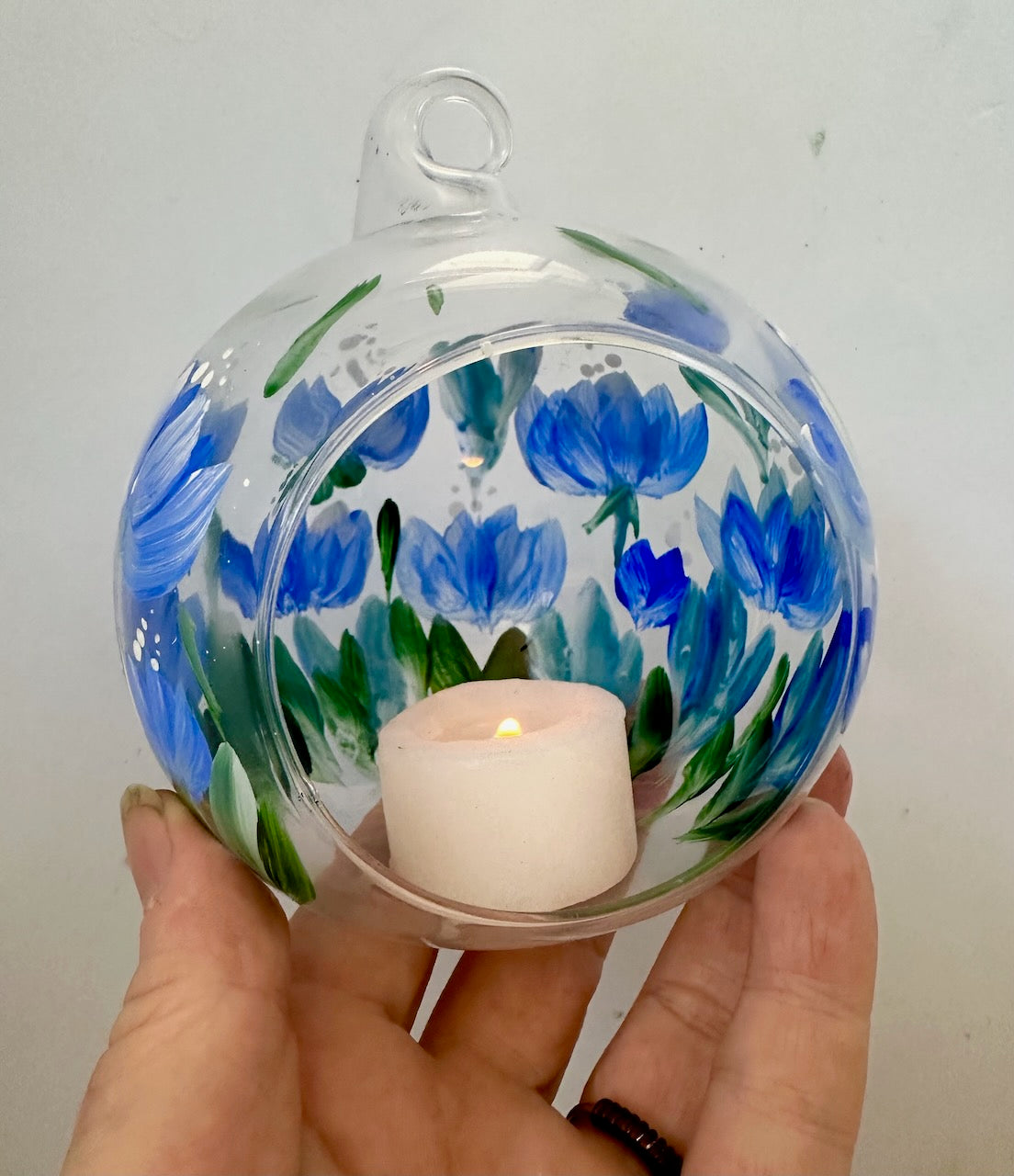 Glass Hanging Candle Holder Hand Painted With Blue Blooms