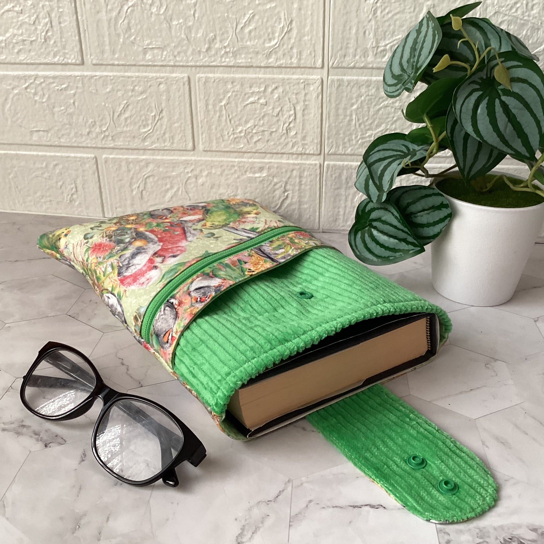 Australian Birds fabric book sleeve with 2 pockets. iPad, tablet pouch