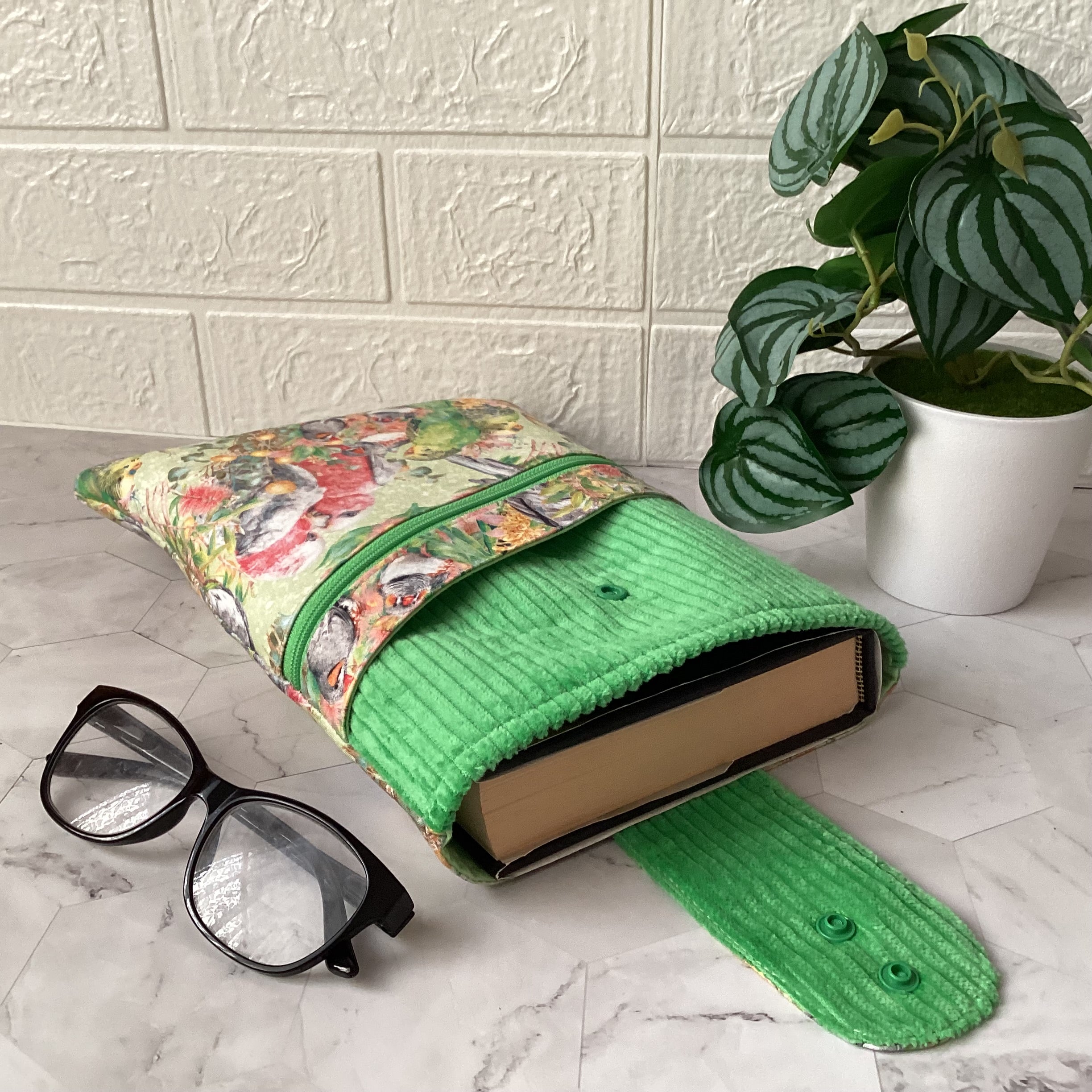 Australian Birds fabric book sleeve with 2 pockets. iPad, tablet pouch