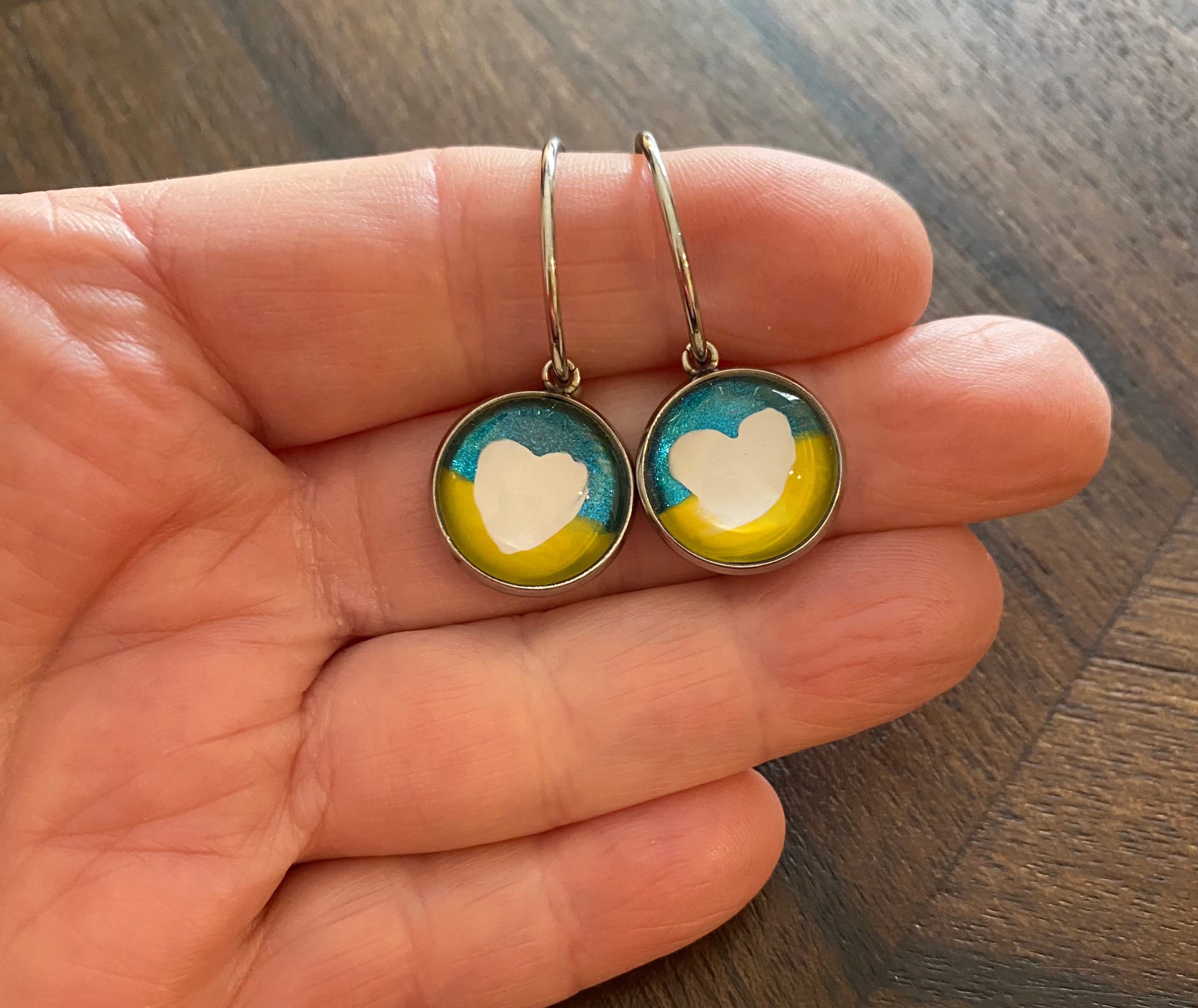Love Ukraine Heart Earrings - Handpainted Love Ukraine Unique Earrings 14mm