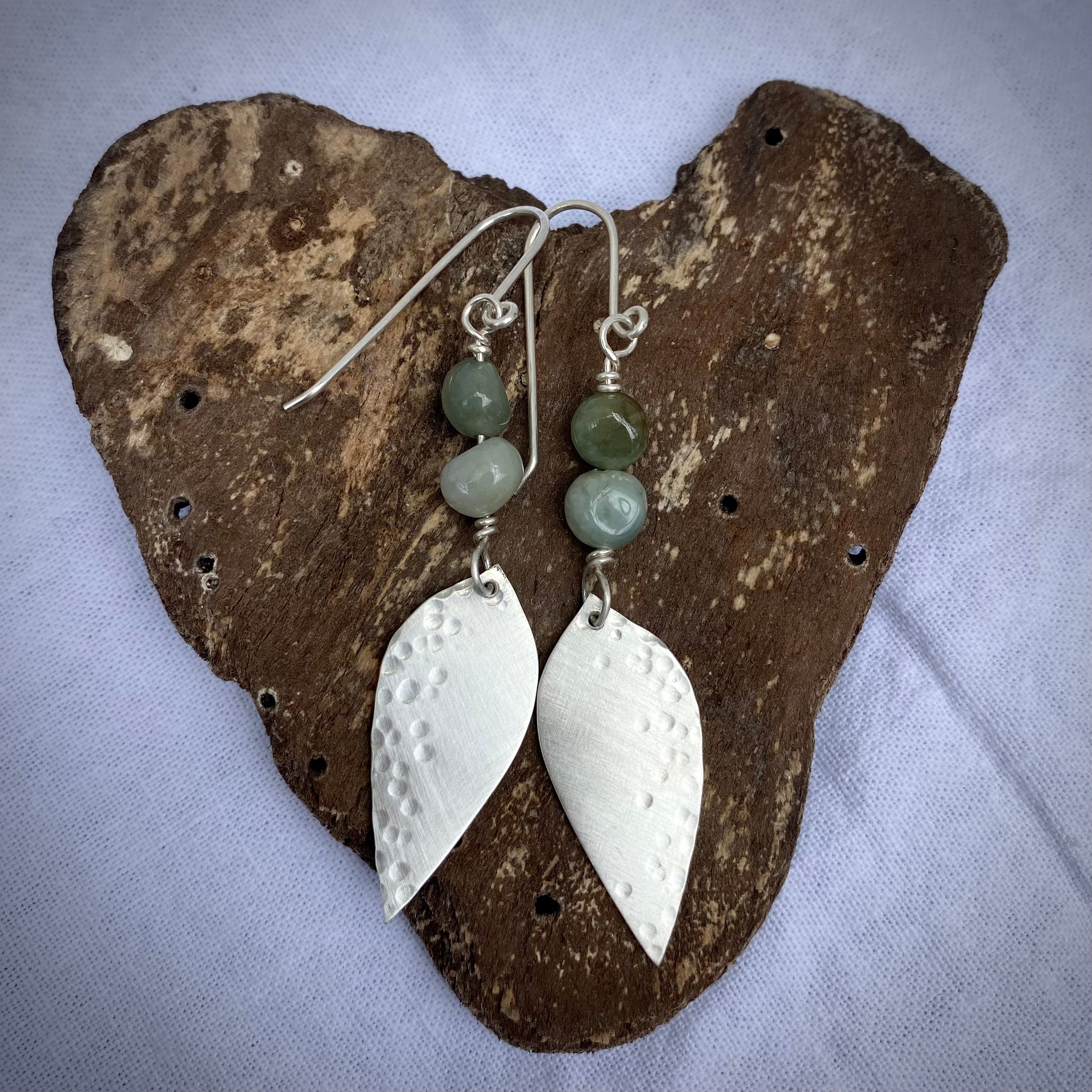 Silver Gumleaf and Emerald Nugget Dangle Earrings
