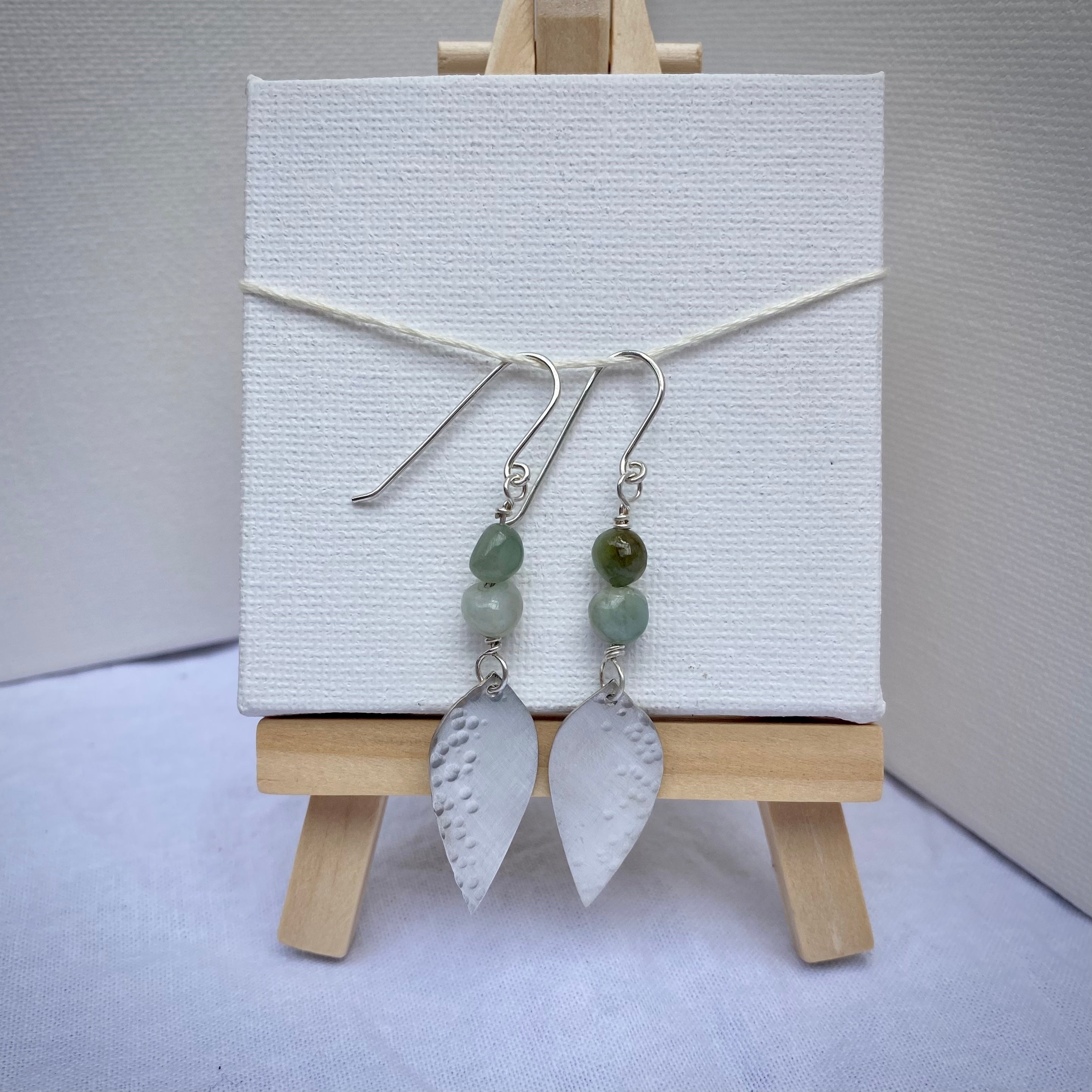 Silver Gumleaf and Emerald Nugget Dangle Earrings