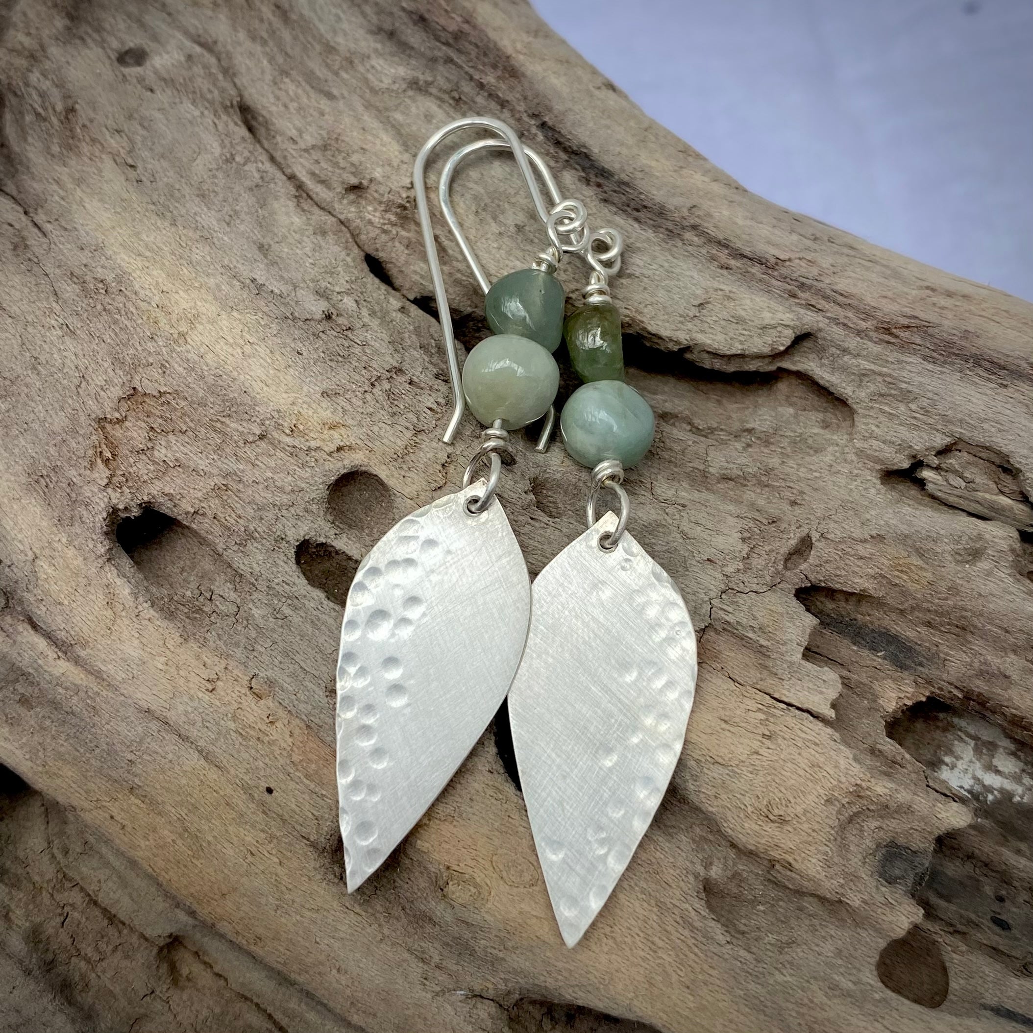 Silver Gumleaf and Emerald Nugget Dangle Earrings