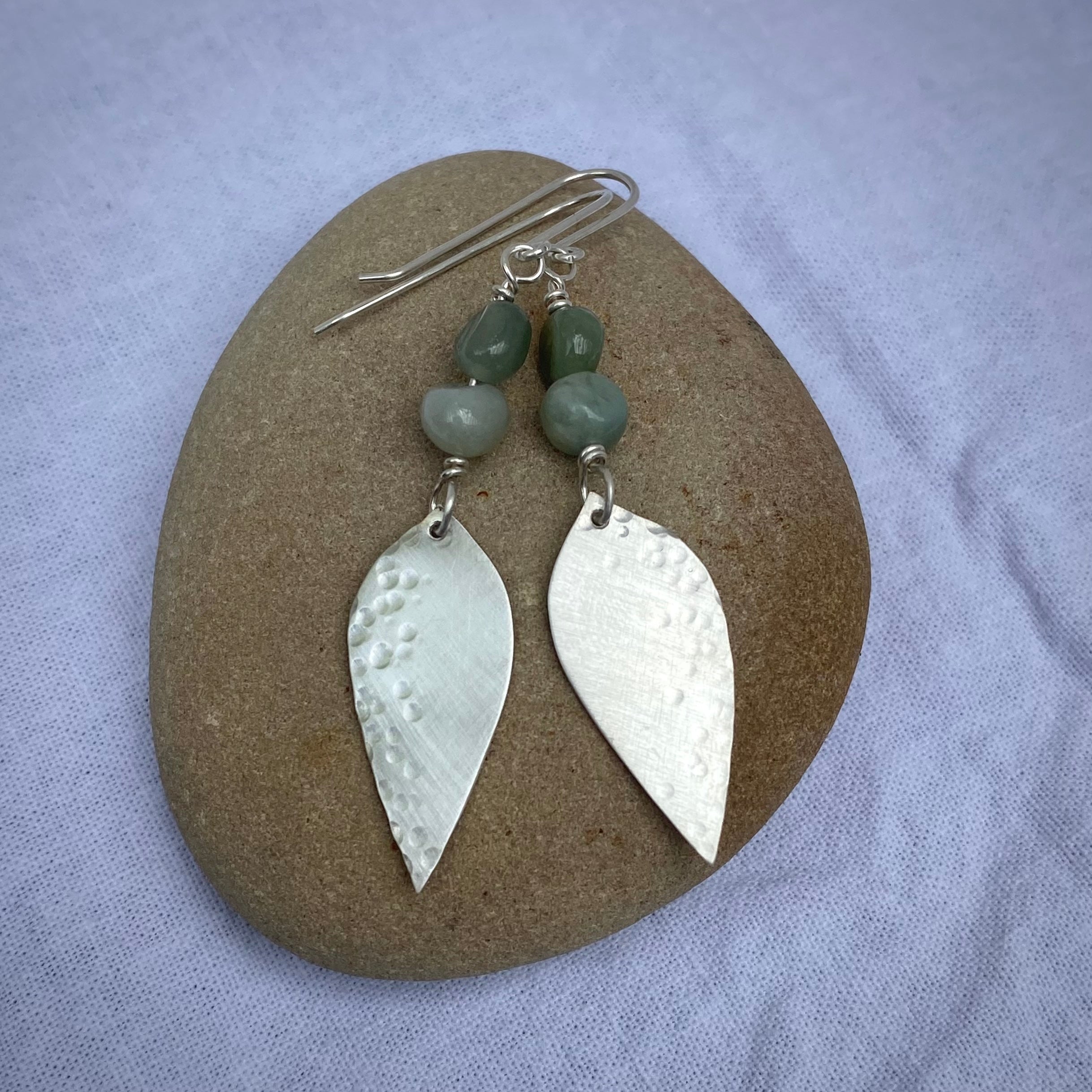 Silver Gumleaf and Emerald Nugget Dangle Earrings