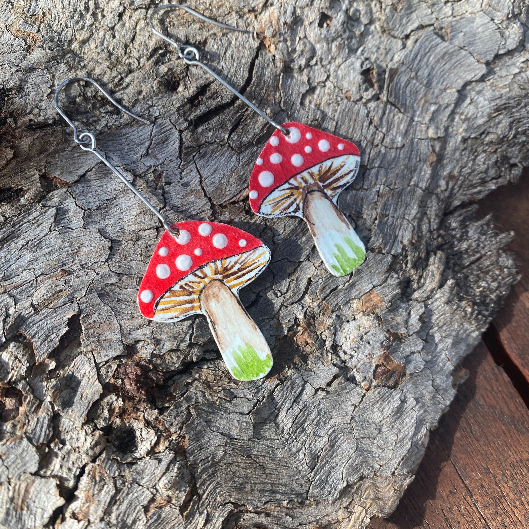 Small Toadstool Earrings – Hand-painted Brass Jewellery