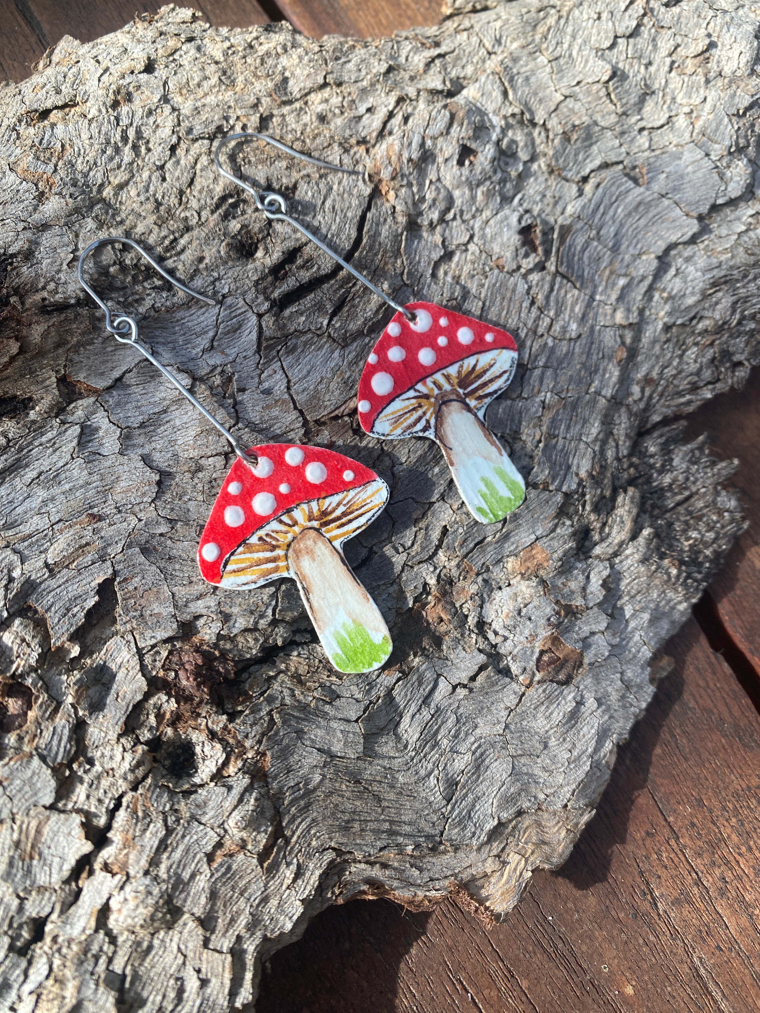 Small Toadstool Earrings – Hand-painted Brass Jewellery