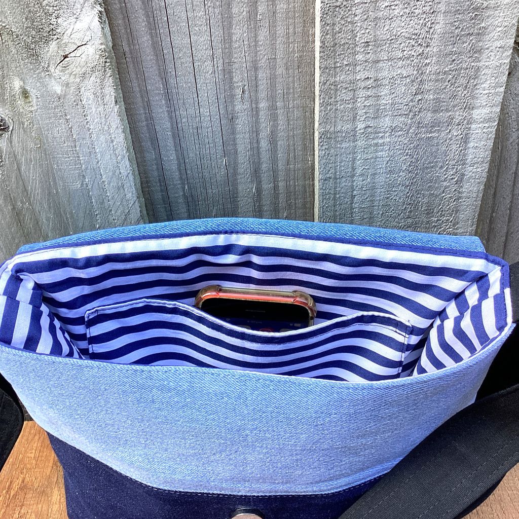 Upcycled Denim Cross Body Messenger Bag - Blue Stripes